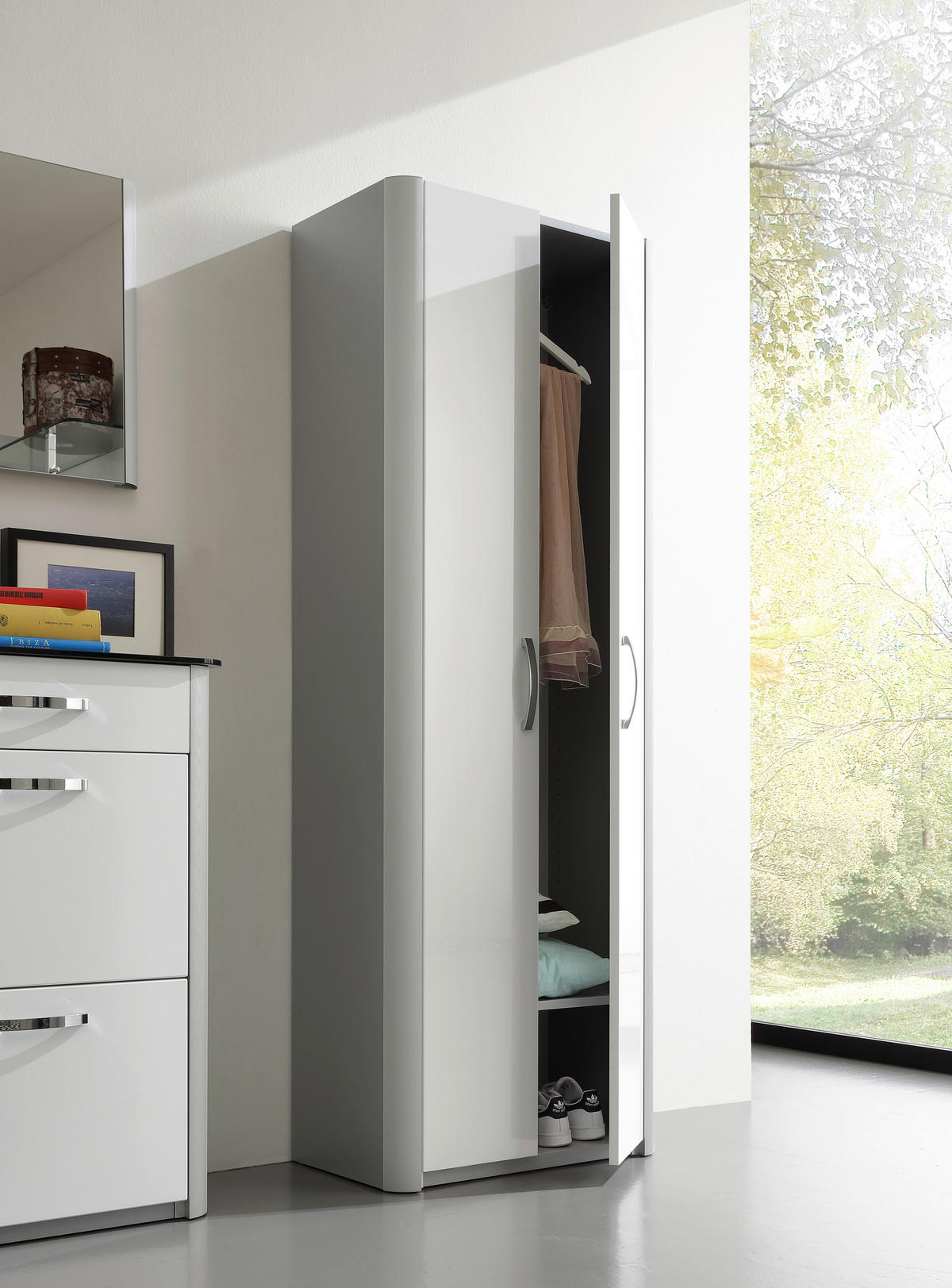 GARDEROBE 4-teilig  in 270/192/34 cm  - Weiss Hochglanz/Alufarben, Design, Glas/Holzwerkstoff (270/192/34cm) - Moderano