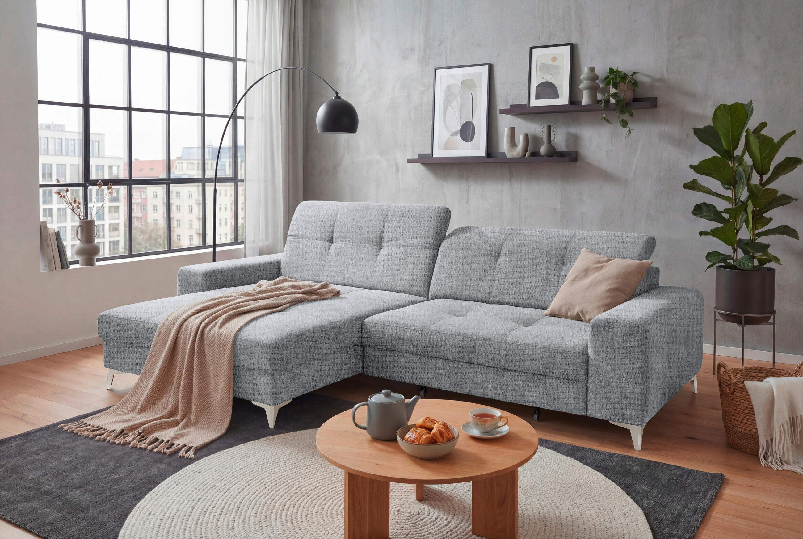 ECKSOFA Mikrovelours Hellgrau  - Kaschmir/Hellgrau, Design, Kunststoff/Textil (182/328cm) - MID.YOU