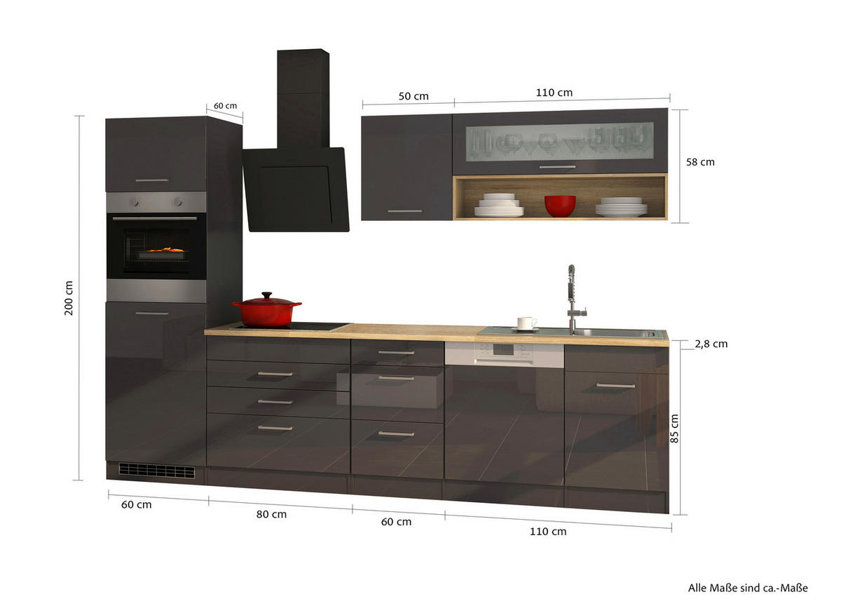KÜCHENLEERBLOCK 300 cm   in Graphitfarben  - Silberfarben/Graphitfarben, MODERN, Holzwerkstoff/Metall (300cm) - Held