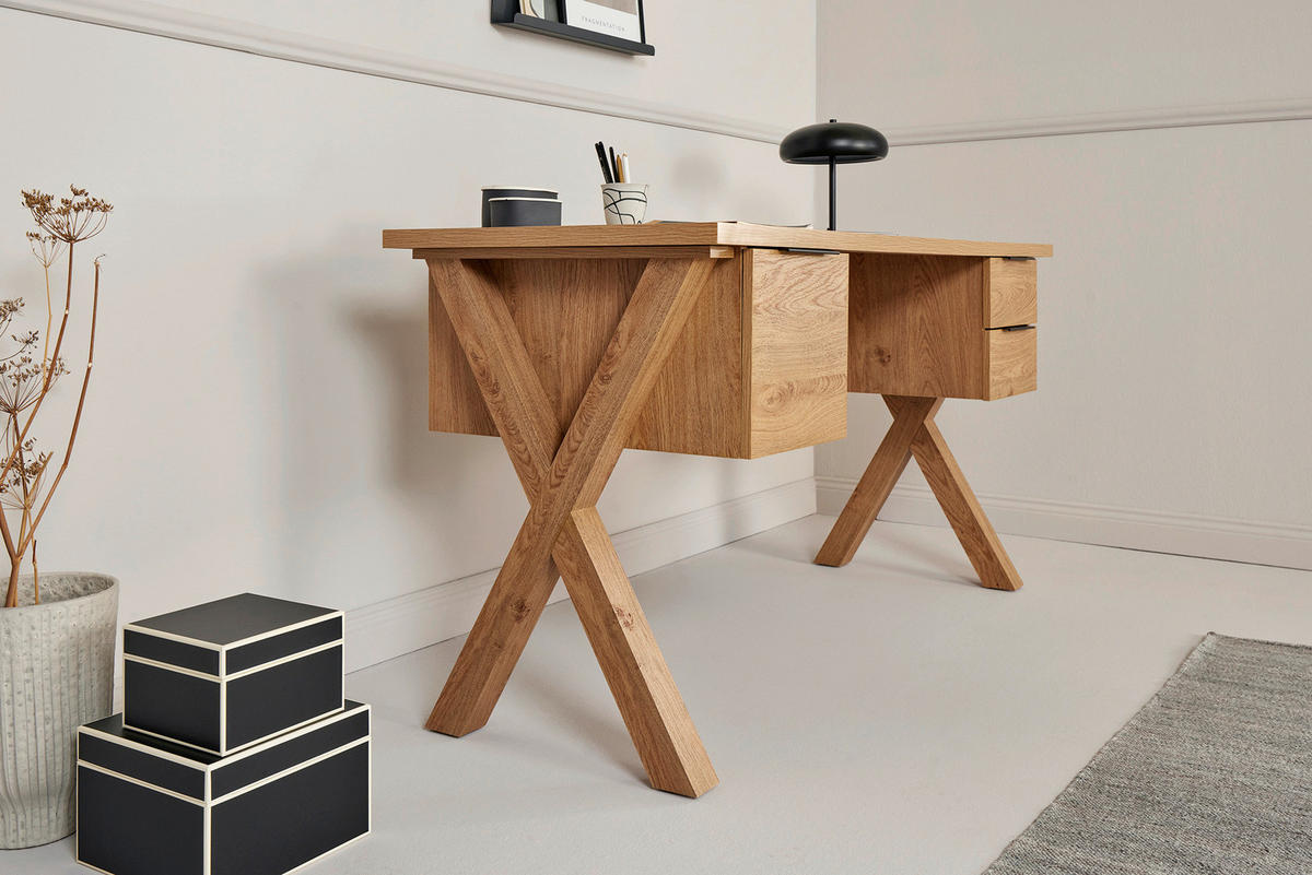 SCHREIBTISCH 146/59/76 cm  in Eichefarben  - Eichefarben/Anthrazit, Modern, Holzwerkstoff/Metall (146/59/76cm) - Livetastic