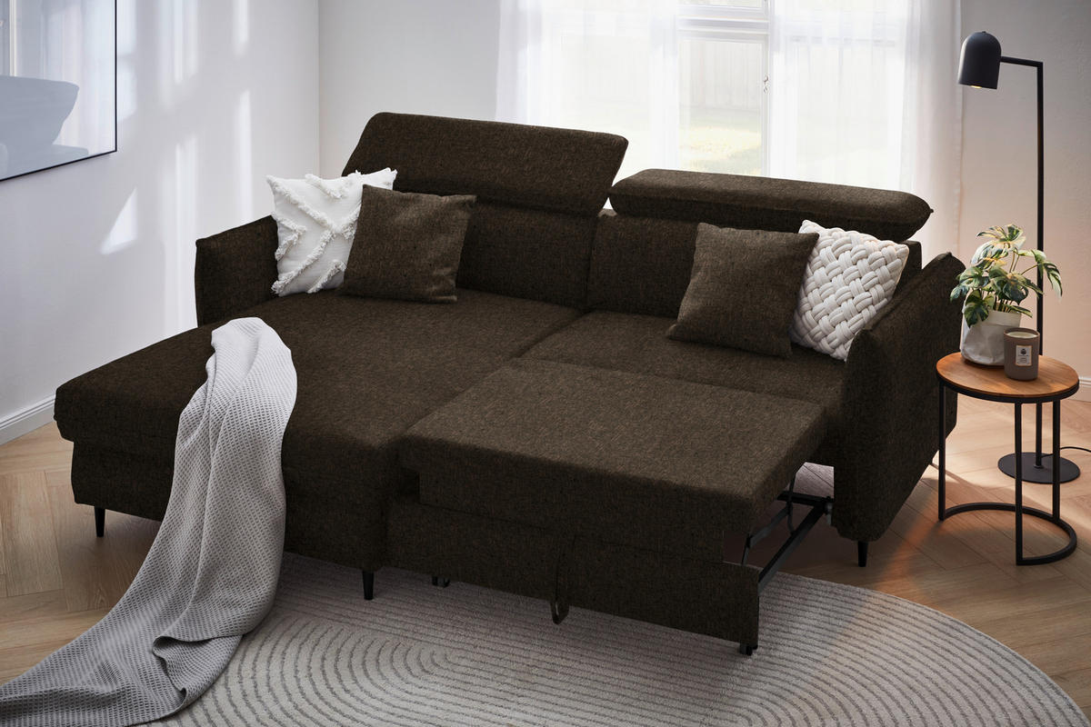 ECKSOFA in Samt Dunkelbraun  - Dunkelbraun/Schwarz, Design, Holz/Textil (185/232cm) - Stylife