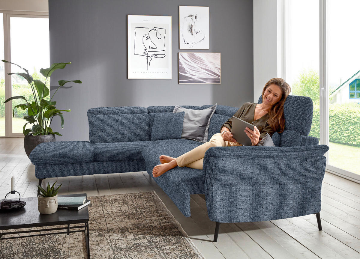 ECKSOFA in Struktur Blau  235/275 cm  - Blau/Schwarz, MODERN, Textil/Metall (235/275cm) - Cantus
