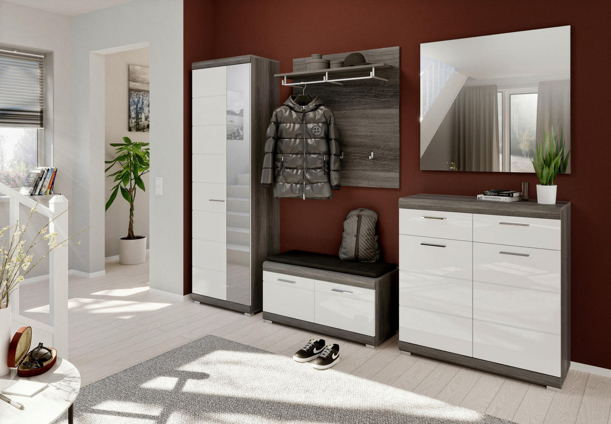 GARDEROBE 5-teilig  in 272/197/40 cm  - Dunkelgrau/Weiß Hochglanz, Design, Glas/Holzwerkstoff (272/197/40cm) - MID.YOU