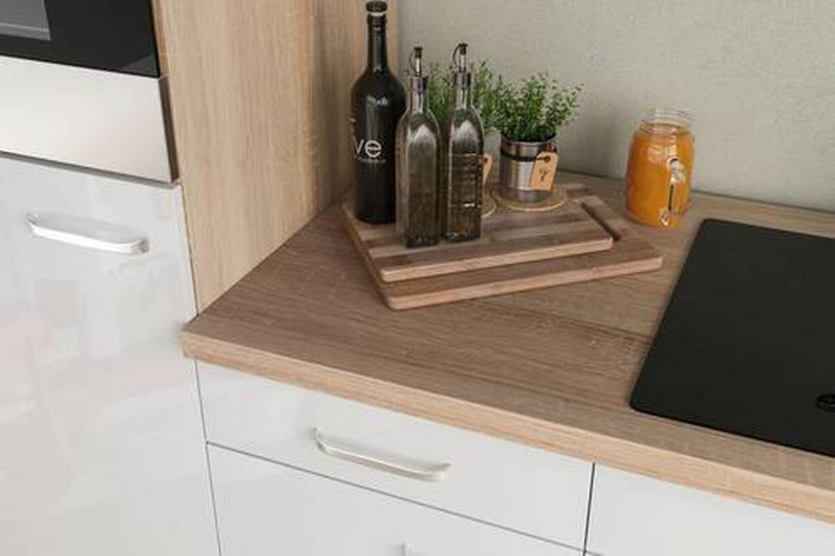 KÜCHENBLOCK 310 cm   in Sonoma Eiche, Weiß Hochglanz  - Edelstahlfarben/Weiß Hochglanz, Basics, Holzwerkstoff/Metall (310cm) - FlexWell