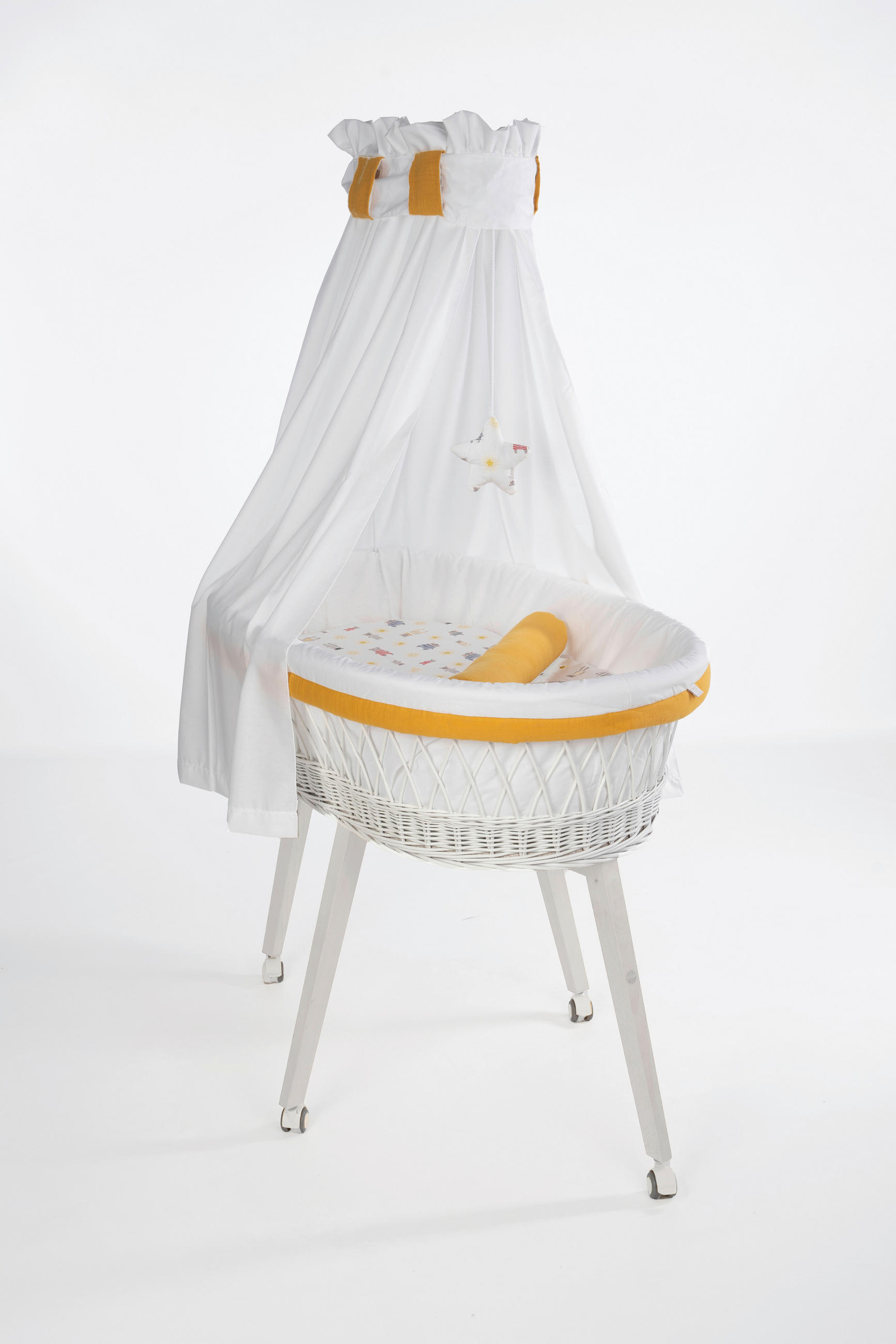 STUBENWAGEN-KOMPLETTSET Babybett Lounge weiß Pyjamabär Buche  Weiß, Buchefarben, Currygelb  - Currygelb/Buchefarben, Basics, Holz/Textil (60/167/100cm) - Mionido