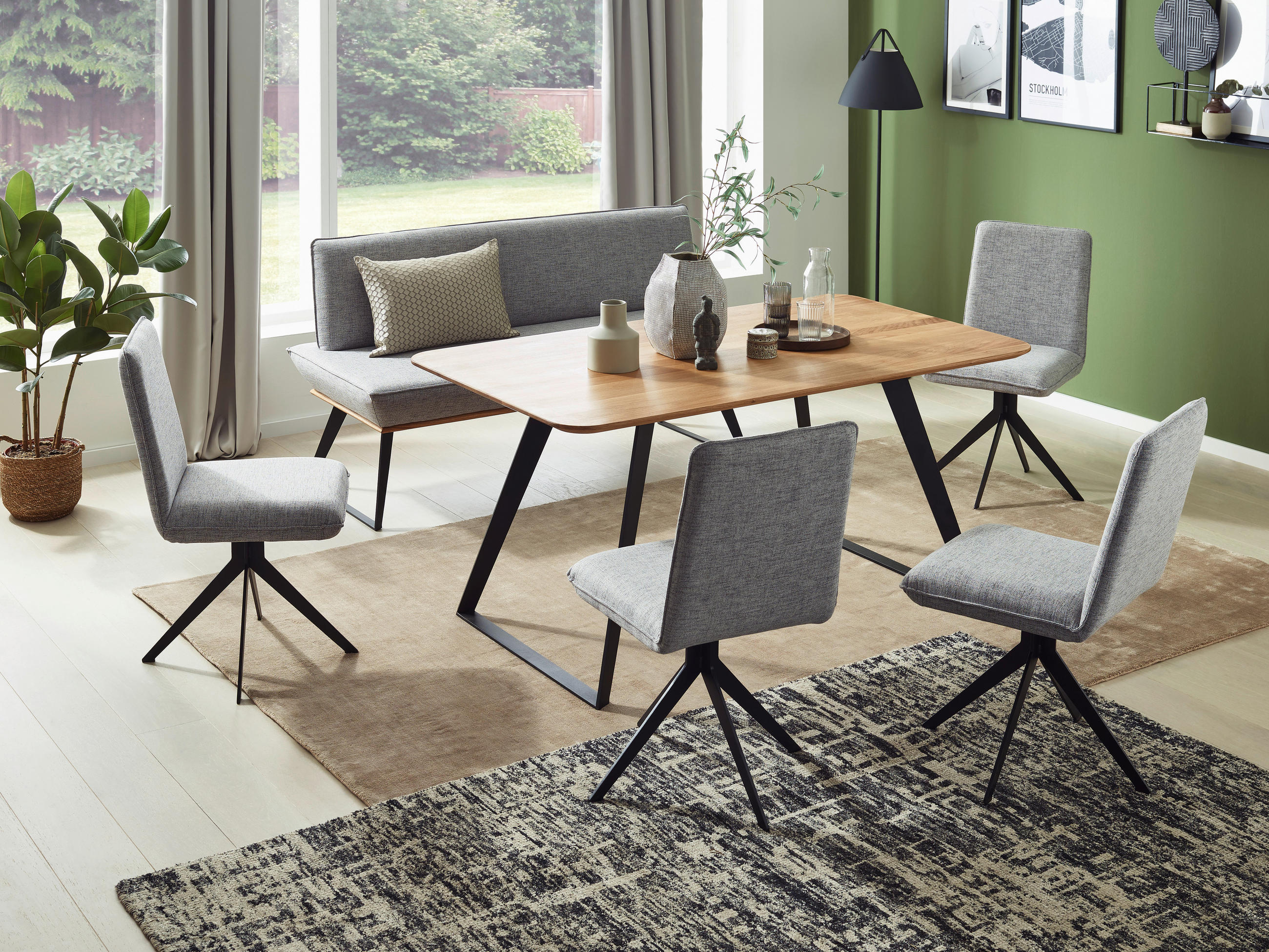 Thumbnail - Voleo Sitzbank, Schwarz, Eiche, Hellgrau, Holz, Metall, Textil, Eiche, massiv, 2-Sitzer, 140x87x64 cm, Lederauswahl, Sto...