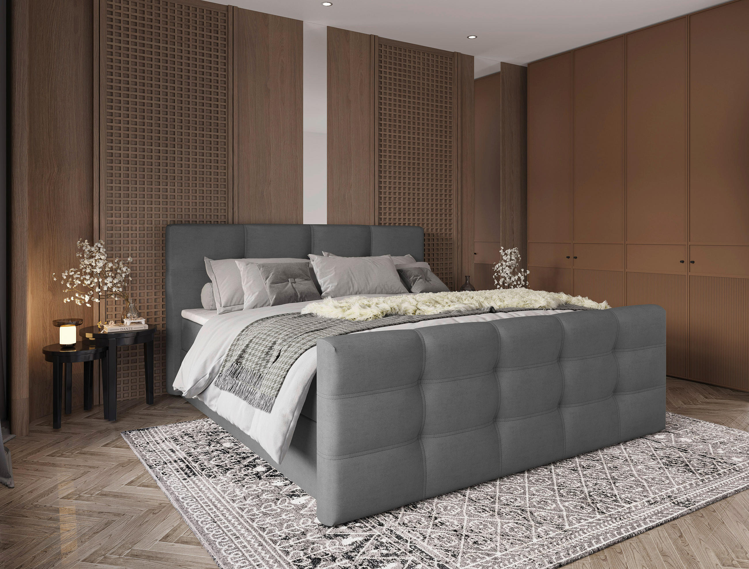 BOXBETT 180/200 cm,  in Grau, gepolstertes Kopfteil, Bettkasten, Topper, Matratzen, Wendematratze mit unterschiedlichen Härtegraden, H2 + H3 = mittel + fest  - Schwarz/Grau, Basics, Kunststoff/Textil (180/200cm) - Chameo