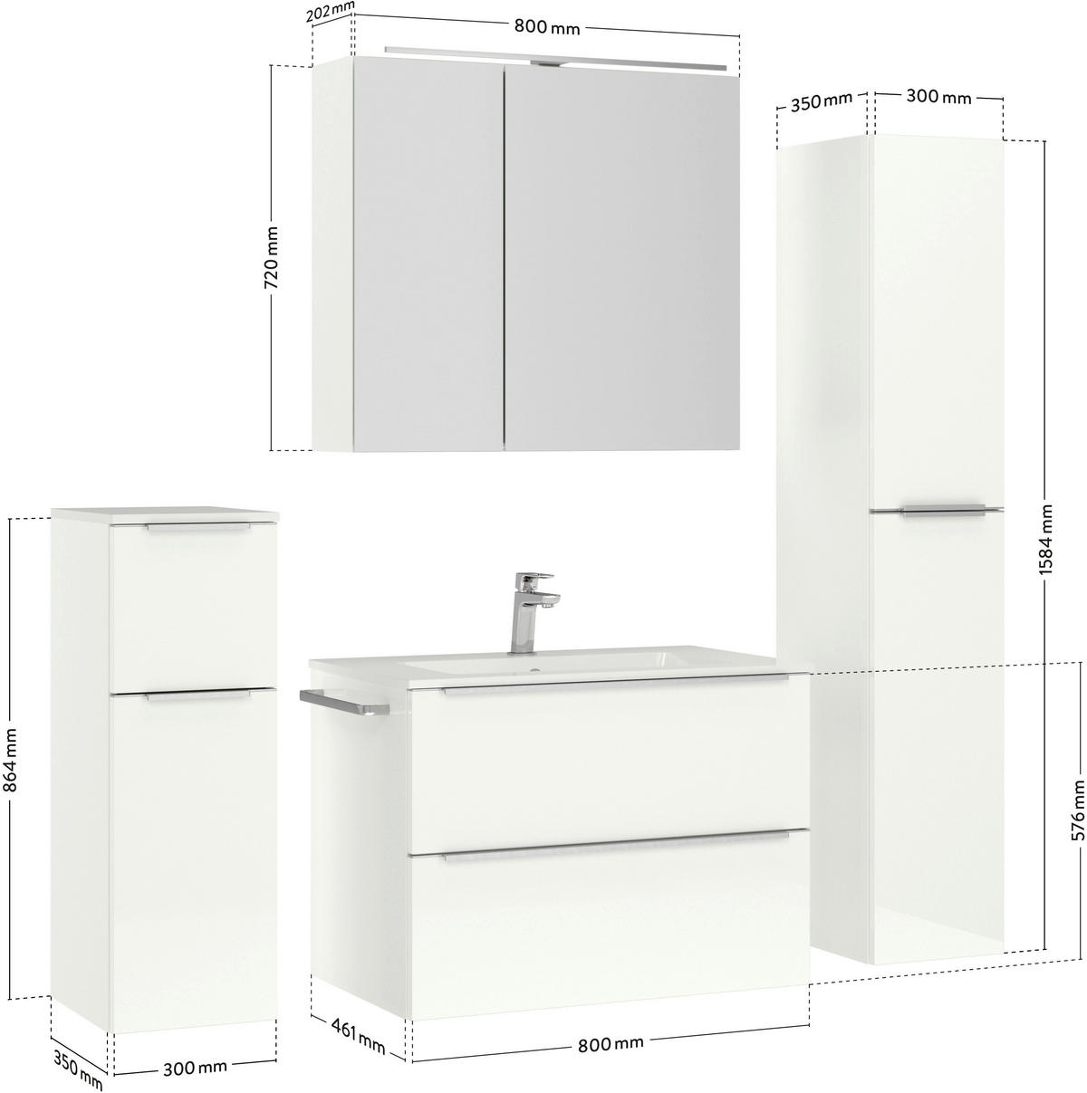 BADEZIMMER 5-teilig  in 141 cm  - Edelstahlfarben/Weiß Hochglanz, MODERN, Holzwerkstoff/Stein (141cm) - Nobilia