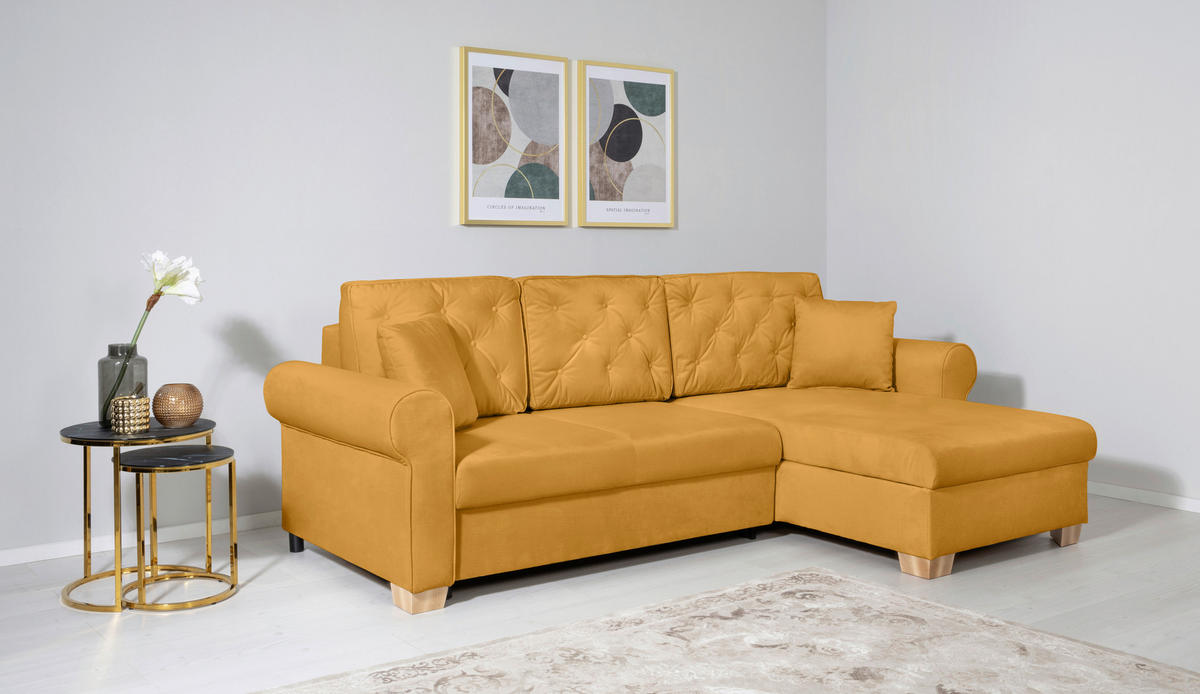 ECKSOFA in Gelb  - Gelb/Buchefarben, Design, Holz/Textil (266/161cm) - MID.YOU