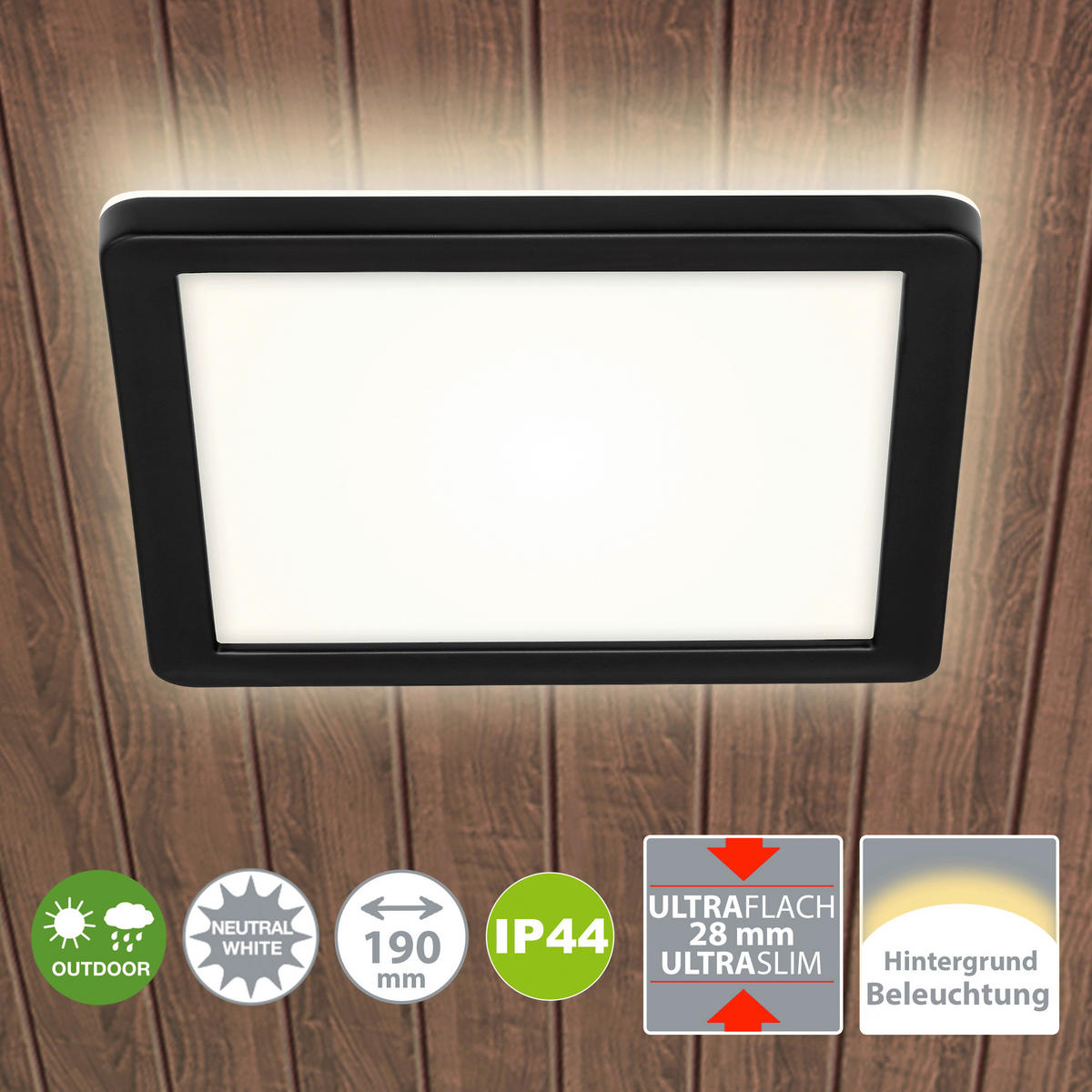 AUßENDECKENLEUCHTE   - Schwarz, Design, Kunststoff (19/19/2,8cm)