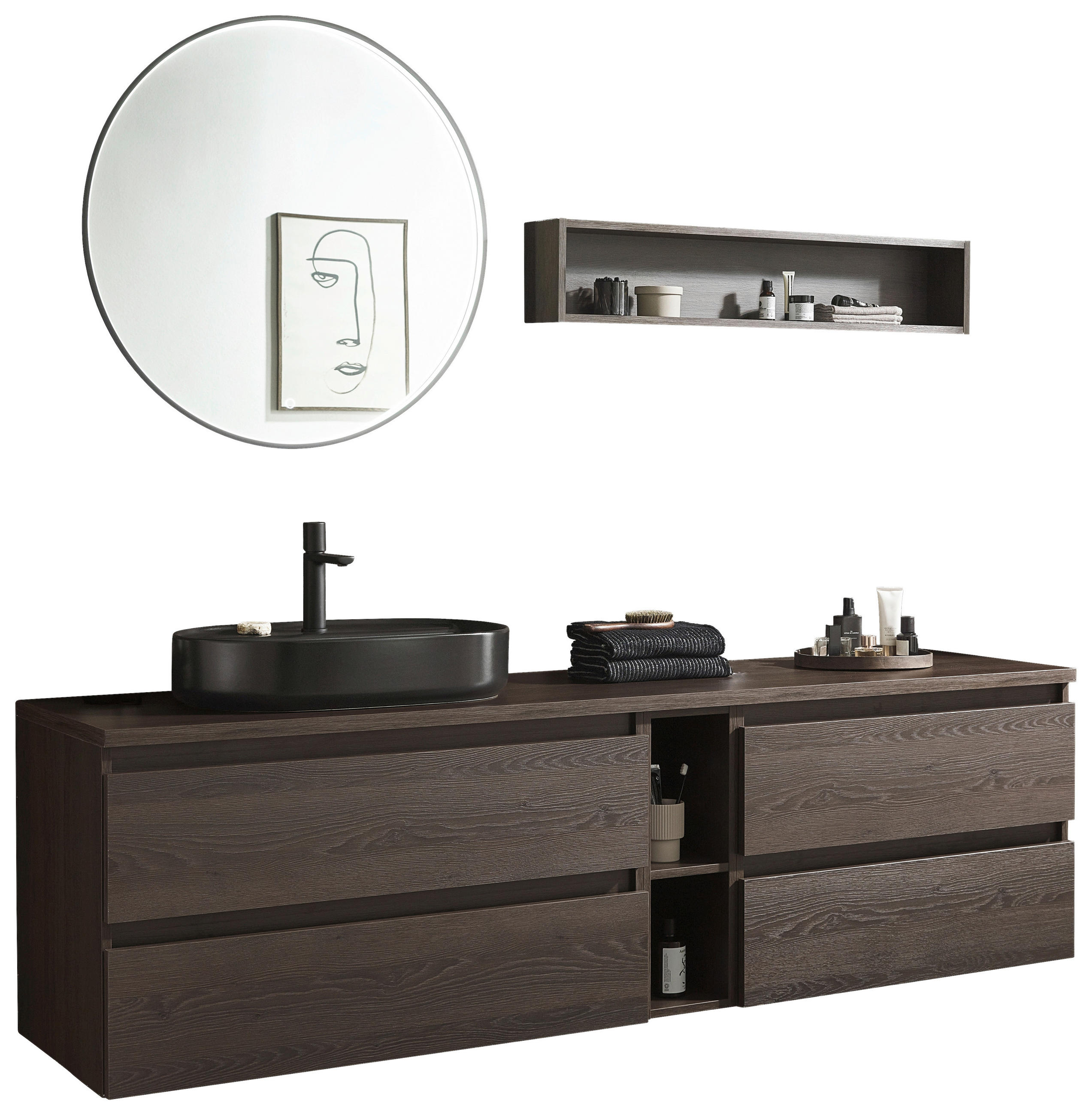 BADEZIMMER 8-teilig  in 200,8 cm  - Eiche dunkel/Schwarz, Keramik/Holzwerkstoff (200,8cm) - Novel