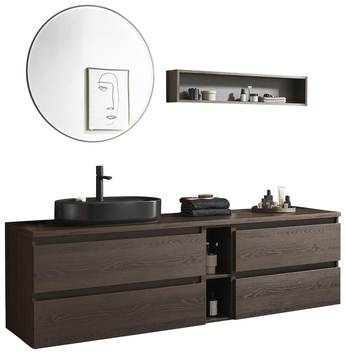 BADEZIMMER 8-teilig  in 200,8 cm  - Eiche dunkel/Schwarz, Keramik/Holzwerkstoff (200,8cm) - Novel