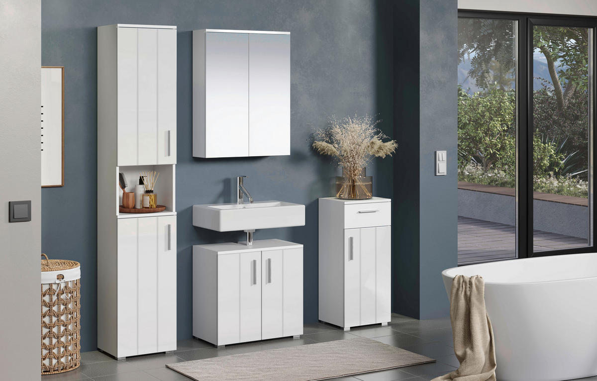 BADEZIMMER 4-teilig  in 164 cm  - Weiß Hochglanz/Silberfarben, Trend, Glas/Holzwerkstoff (164cm) - MID.YOU
