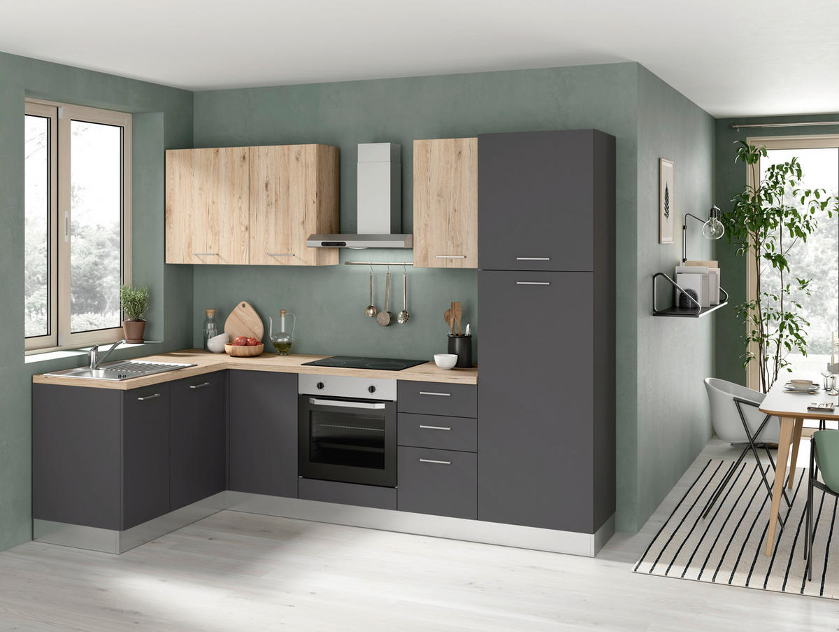 BLOK KUHINJA S APARATIMA  siva, boje hrasta  - siva/boje hrasta, drvni materijal/metal (165/270cm)