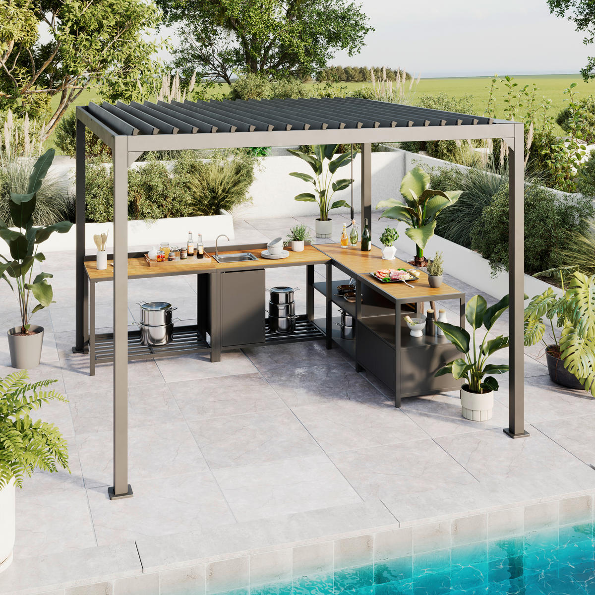 OUTDOORKÜCHE - Anthrazit/Naturfarben, MODERN, Kunststoff/Metall (110/90/61cm) - Ambia Garden