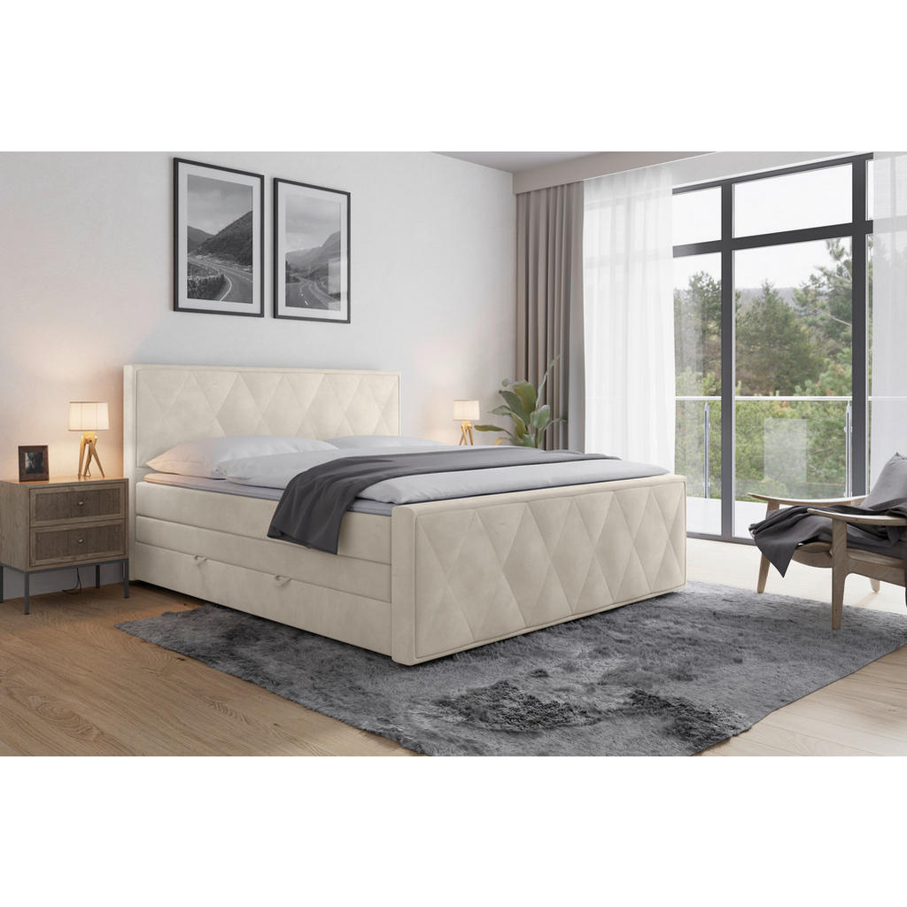 Thumbnail - Mid.you Boxspringbett, Weiß, Textil, teilmassiv, Hartholz,teilmassiv, Hartholz, H2, 7-Zonen, 180x200 cm, Bettkasten, Sch...