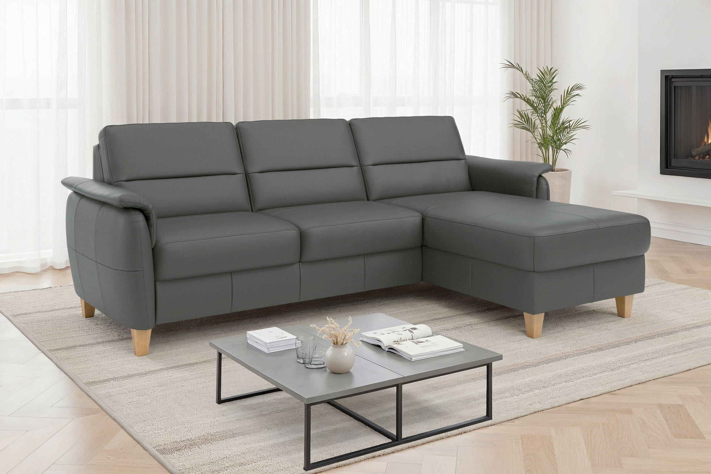 ECKSOFA PALMERA E Anthrazit Echtleder  - Eichefarben/Anthrazit, Basics, Leder/Holz (244/163cm) - Sit & More