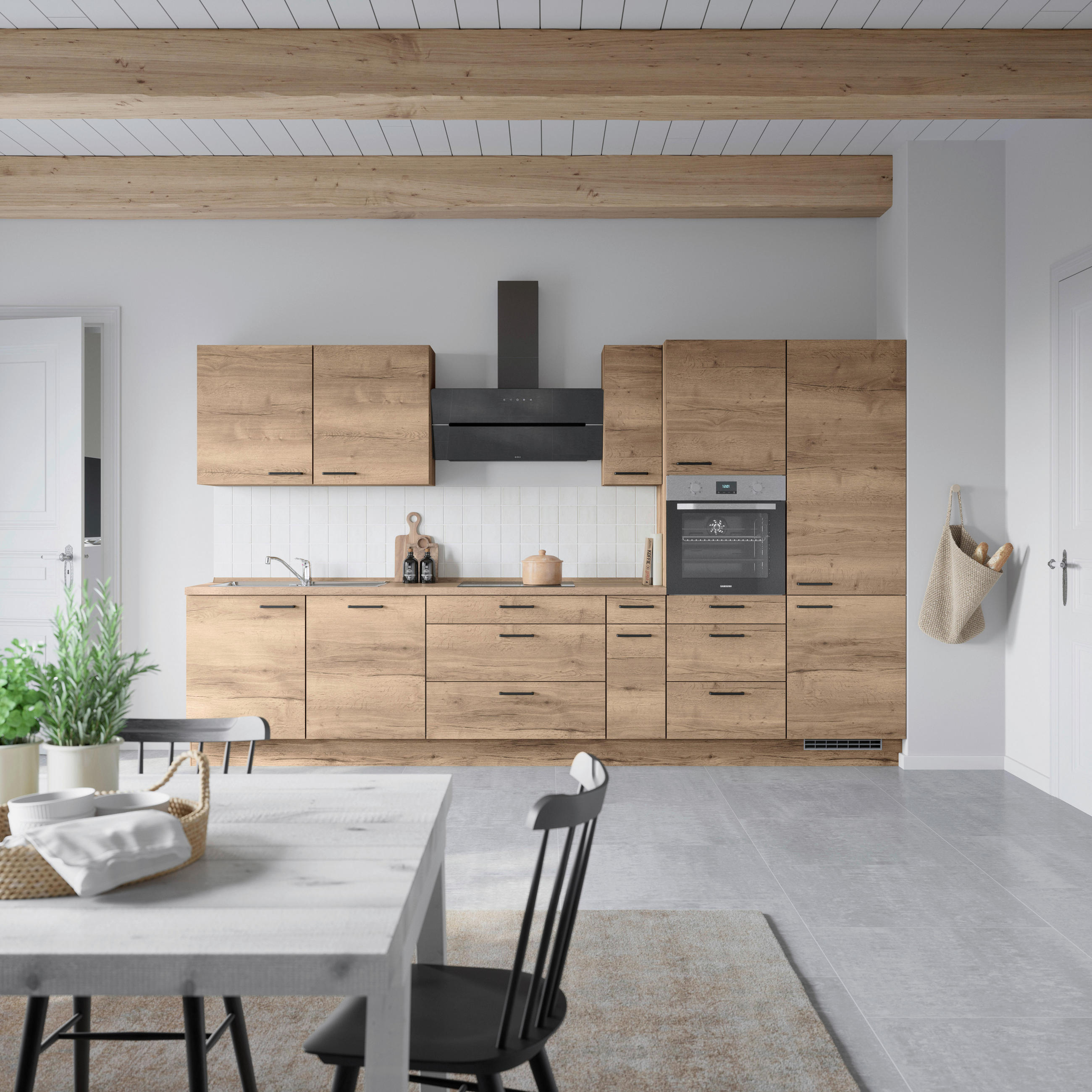 KÜCHENBLOCK 360 cm   in Eiche dunkel  - Eiche dunkel/Schwarz, MODERN, Holzwerkstoff/Metall (360cm) - Nobilia