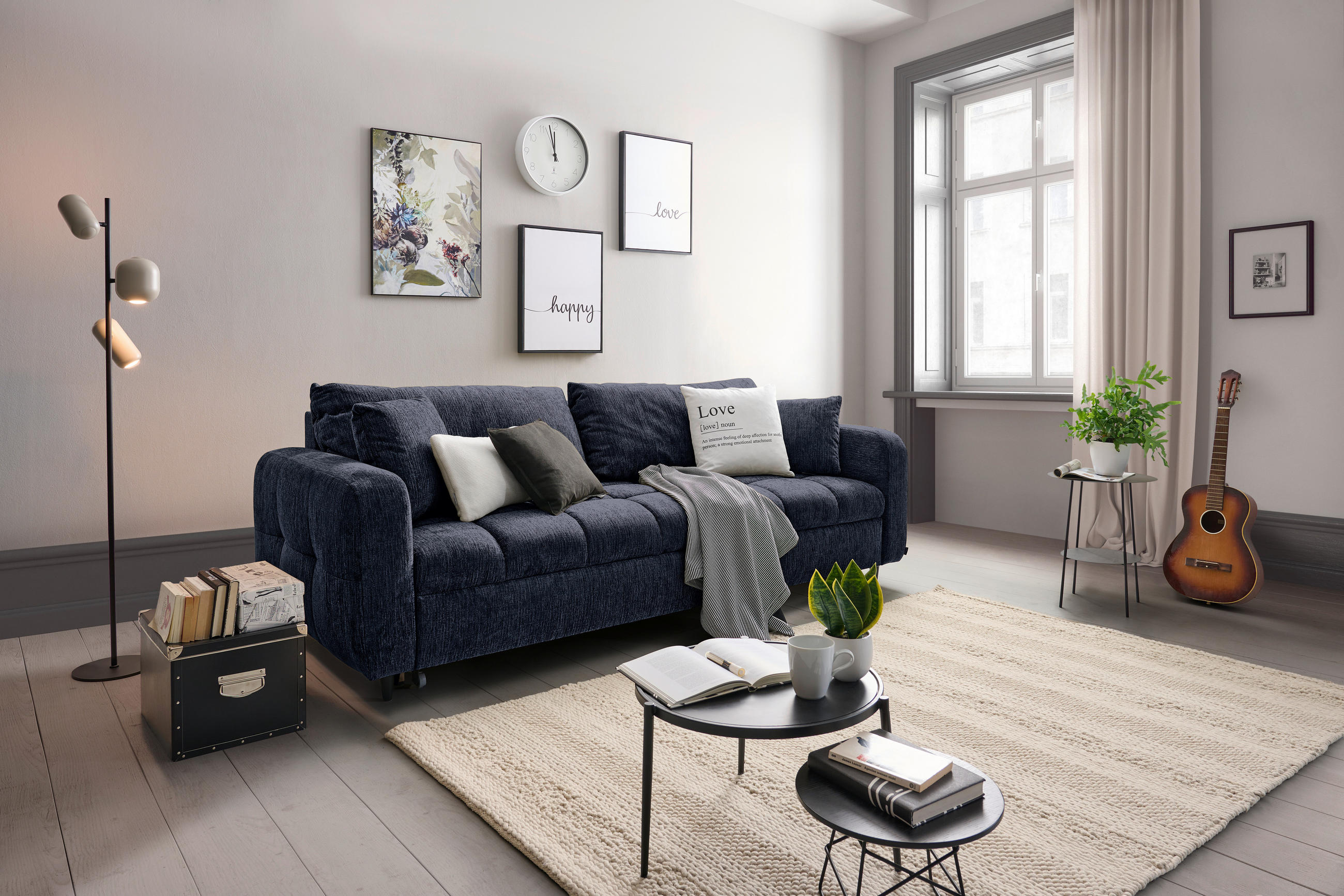 Thumbnail - Lomoco Schlafsofa, Dunkelblau, Textil, Buche, 3-Sitzer, Füllung: Silikon, Schaumstoffflocken, 236x88x101 cm, Made in EU,...