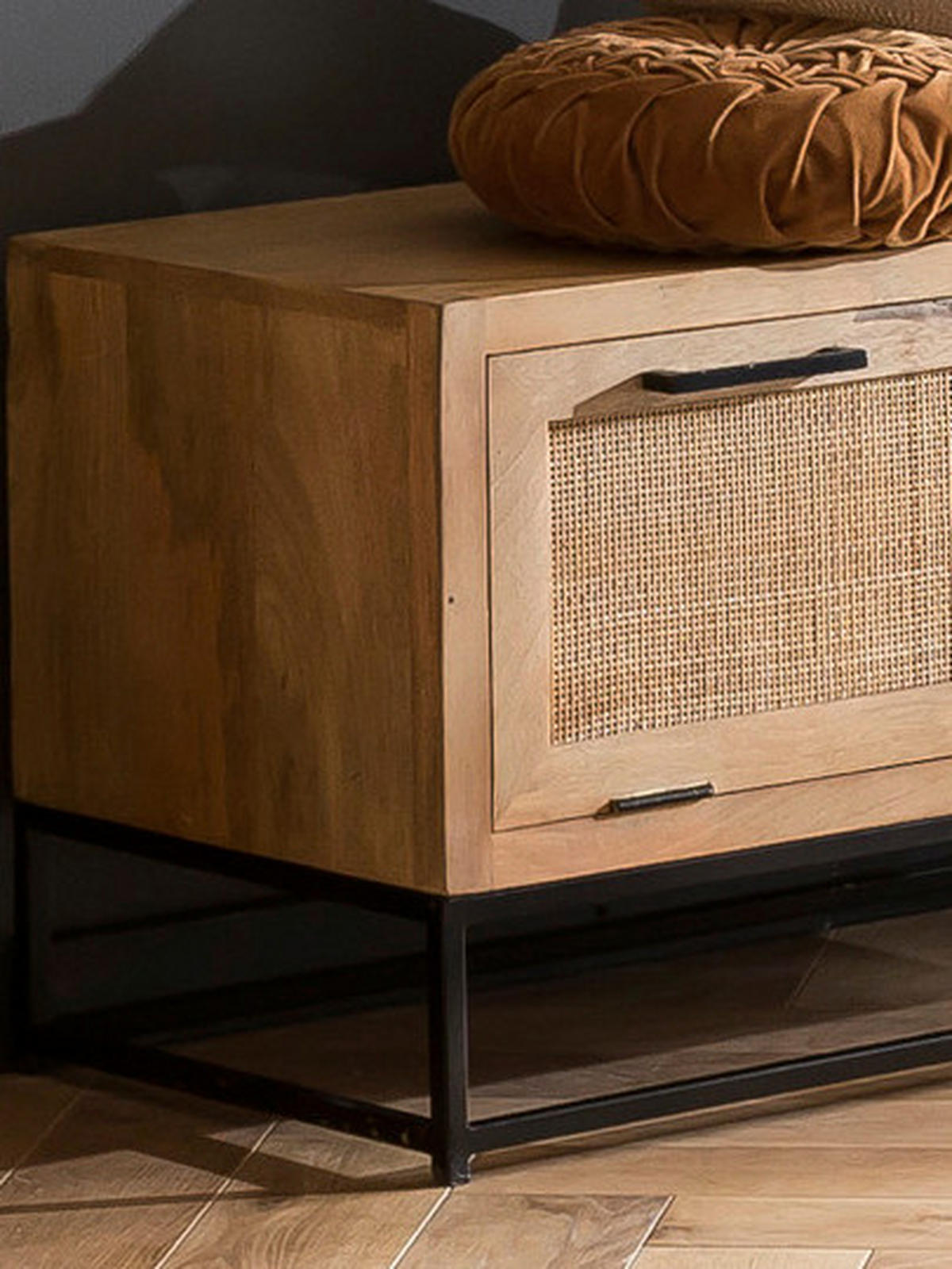 SCHUHSCHRANK Mangoholz, Rattan massiv Naturfarben, Schwarz  - Schwarz/Naturfarben, Design, Holz/Metall (84,5/48/40cm) - MID.YOU