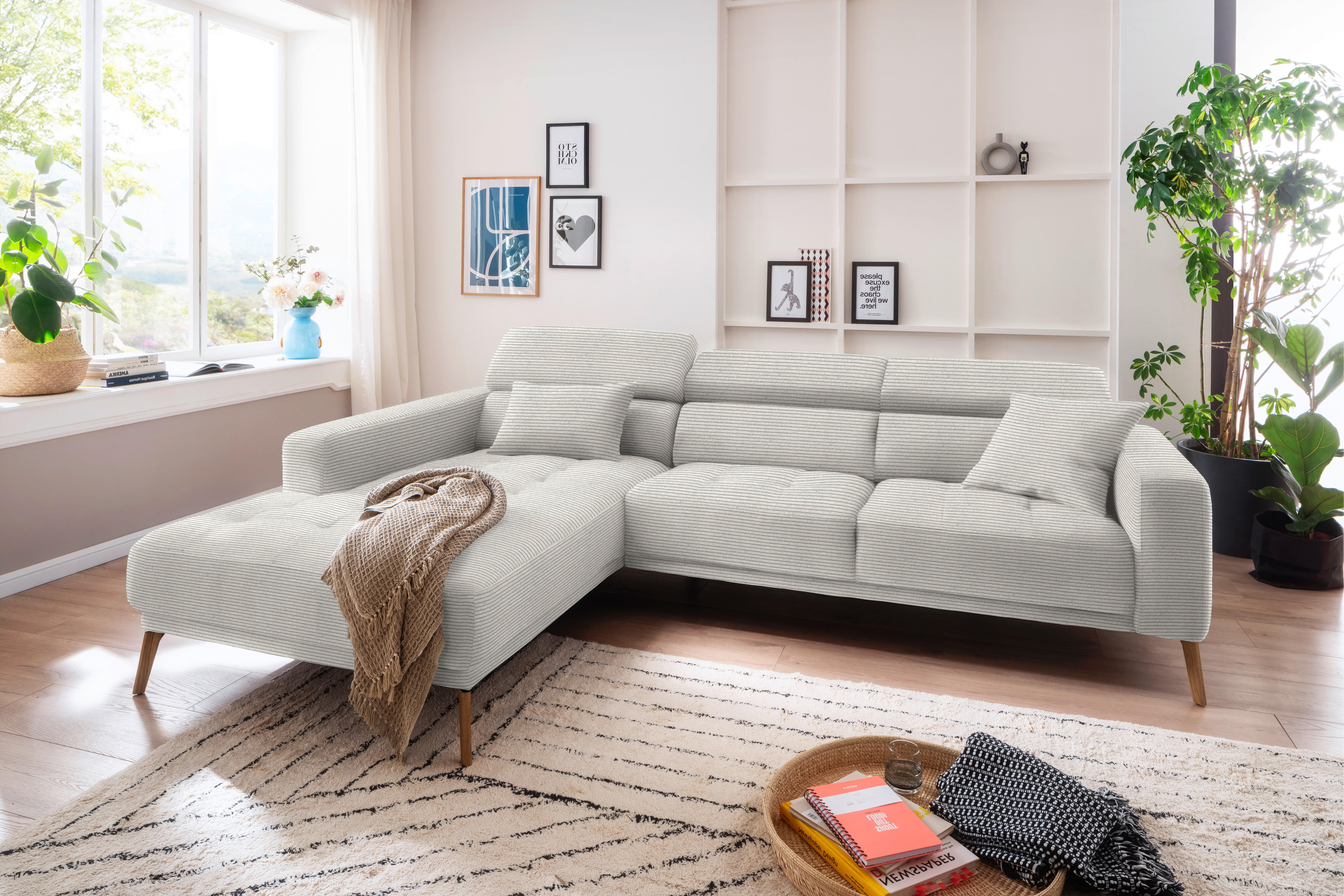 ECKSOFA Weiß Cord  - Eichefarben/Weiß, Design, Holz/Textil (203/292cm) - Pure Home Lifestyle