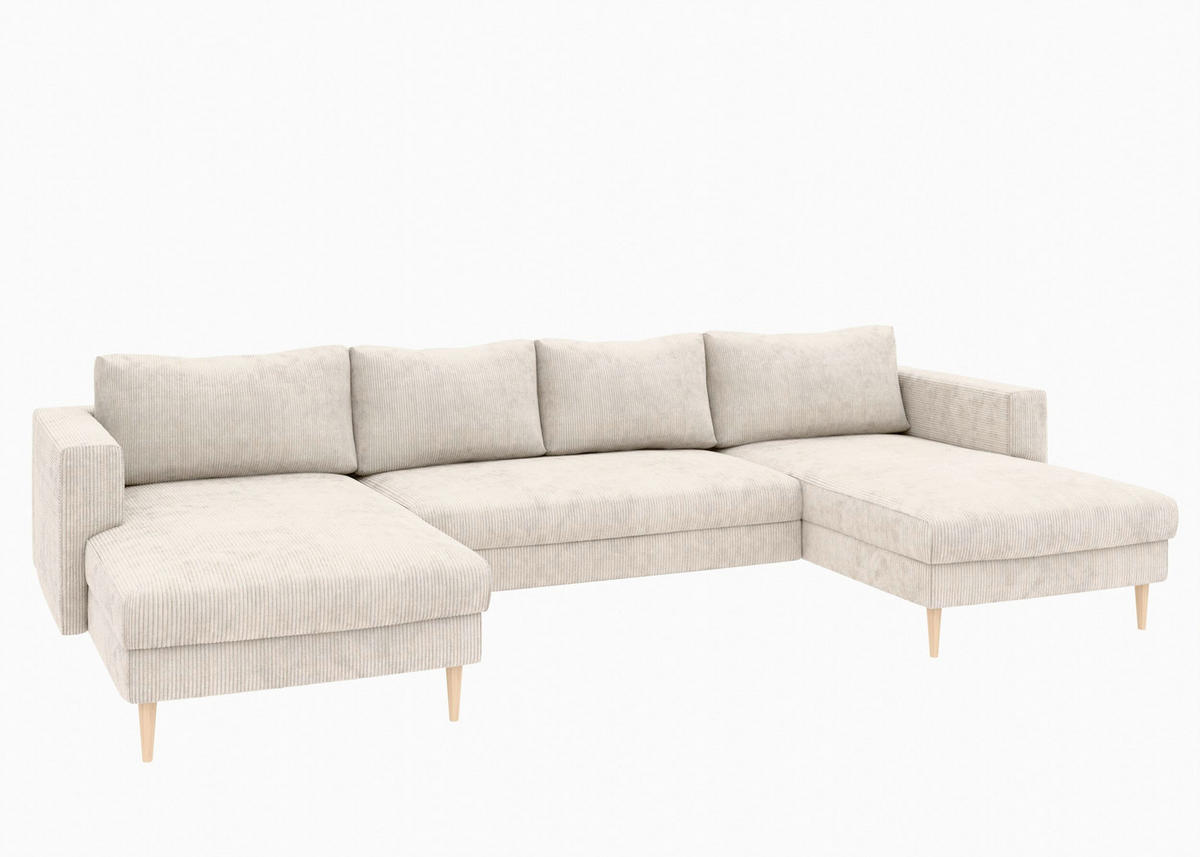 WOHNLANDSCHAFT Creme Cord  - Buchefarben/Creme, MODERN, Holz/Textil (161/306/161cm) - Trendmanufaktur