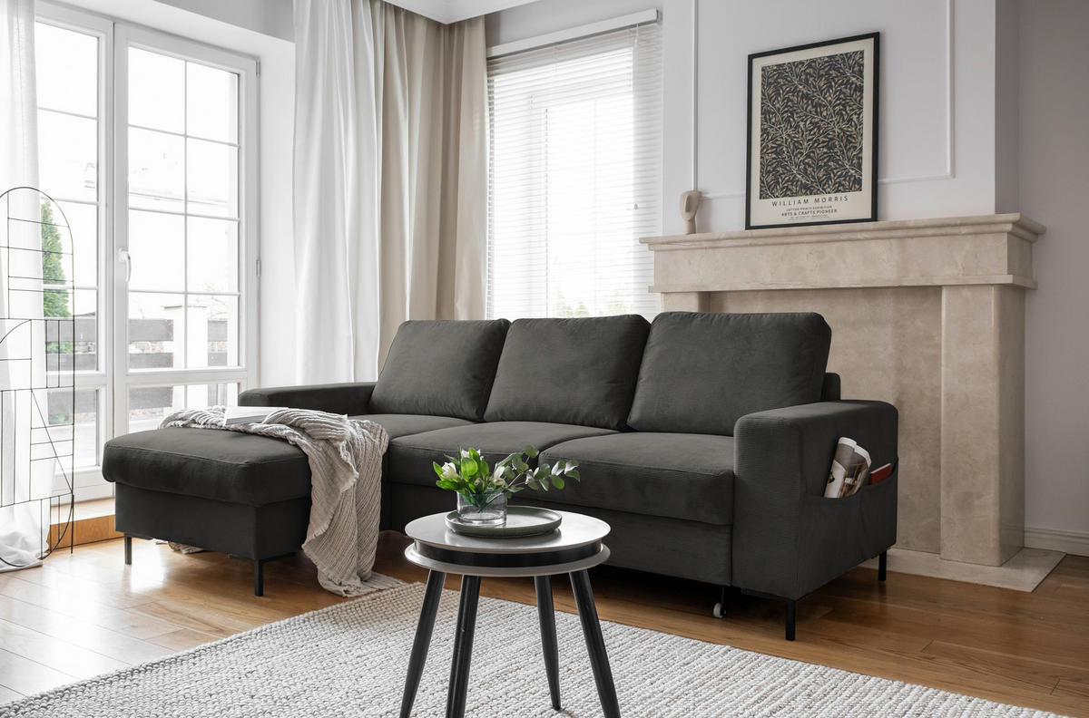 ECKSOFA Grau Cord  - Schwarz/Grau, MODERN, Textil/Metall (148/236cm) - MID.YOU