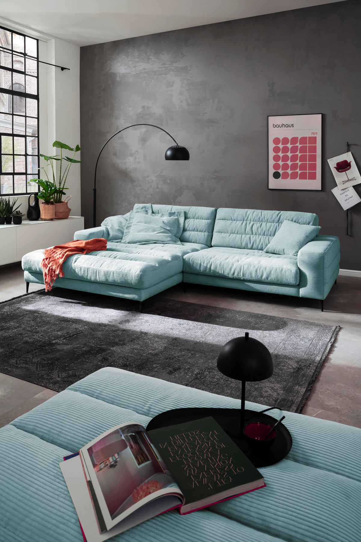 ECKSOFA Ottomane links  Badia Hellblau Cord  - Schwarz/Hellblau, Design, Textil/Metall (207/296cm) - Dieter Knoll