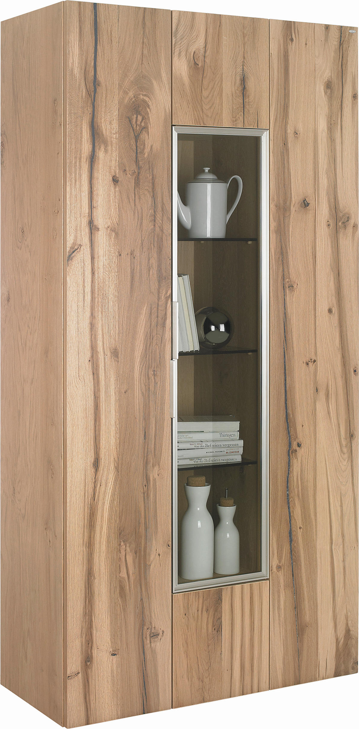 VITRINE  in furniert, mehrschichtige Massivholzplatte (Tischlerplatte) Altholz, Eiche Eichefarben - Eichefarben/Silberfarben, Natur, Glas/Holz (96/194/42,3cm) - Voglauer