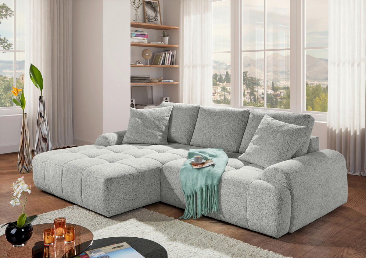 Ecksofa mit Funktion Creme Flachgewebe Zierkissen, Rückenkissen, Bettkasten, Schlaffunktion, Rücken echt, Liegefläche im Originalstoff  - Creme/Schwarz, KONVENTIONELL, Kunststoff/Textil (190/277cm) - Carryhome