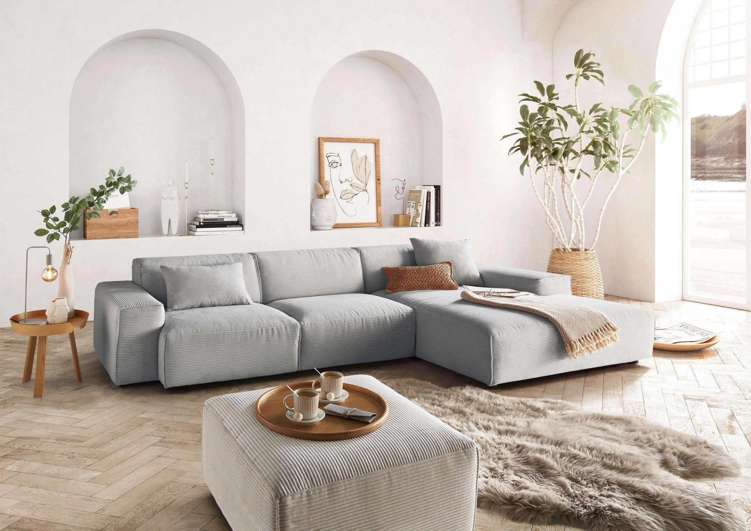 ECKSOFA in Cord Grau  - Schwarz/Grau, Design, Kunststoff/Textil (300/189cm) - Pure Home Lifestyle