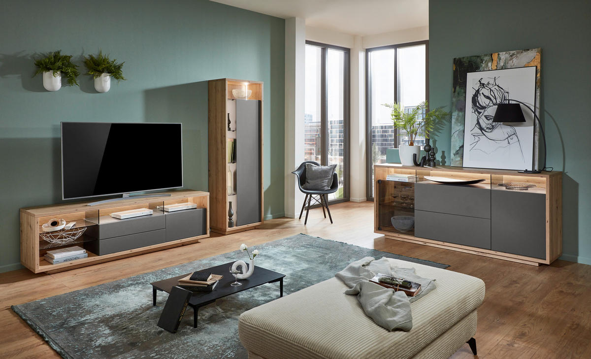 WOHNWAND  in Grau, Eiche Artisan 241/183,5/42 cm  - Eiche Artisan/Grau, Design, Glas/Holzwerkstoff (241/183,5/42cm) - Stylife