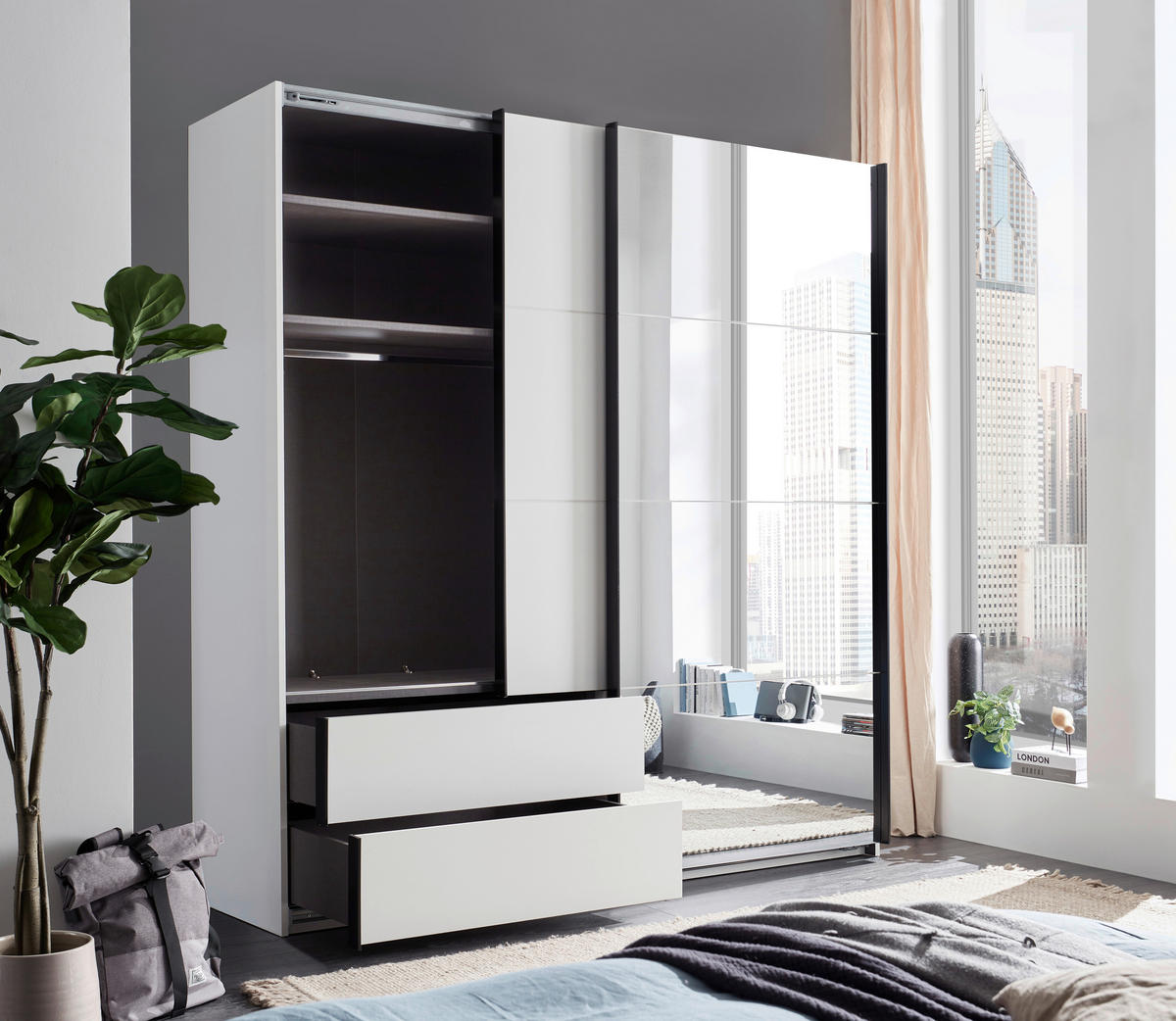 SCHWEBETÜRENSCHRANK 215/225,5/60,5 cm 2-türig Weiß, Schwarz  - Schwarz/Weiß, MODERN, Glas/Holzwerkstoff (215/225,5/60,5cm) - Xora