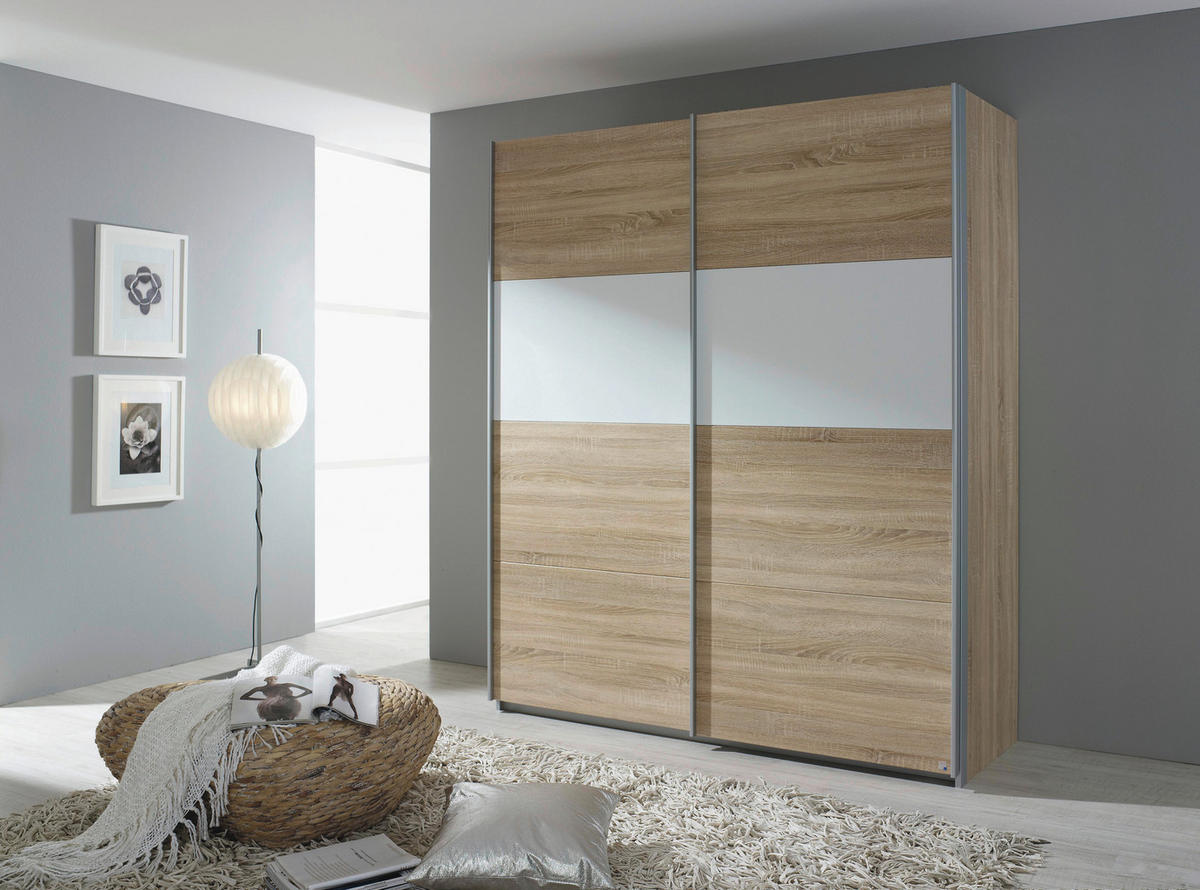 SCHWEBETÜRENSCHRANK  in Weiß, Sonoma Eiche  - Alufarben/Weiß, Design, Holzwerkstoff/Metall (181/210/62cm) - Carryhome
