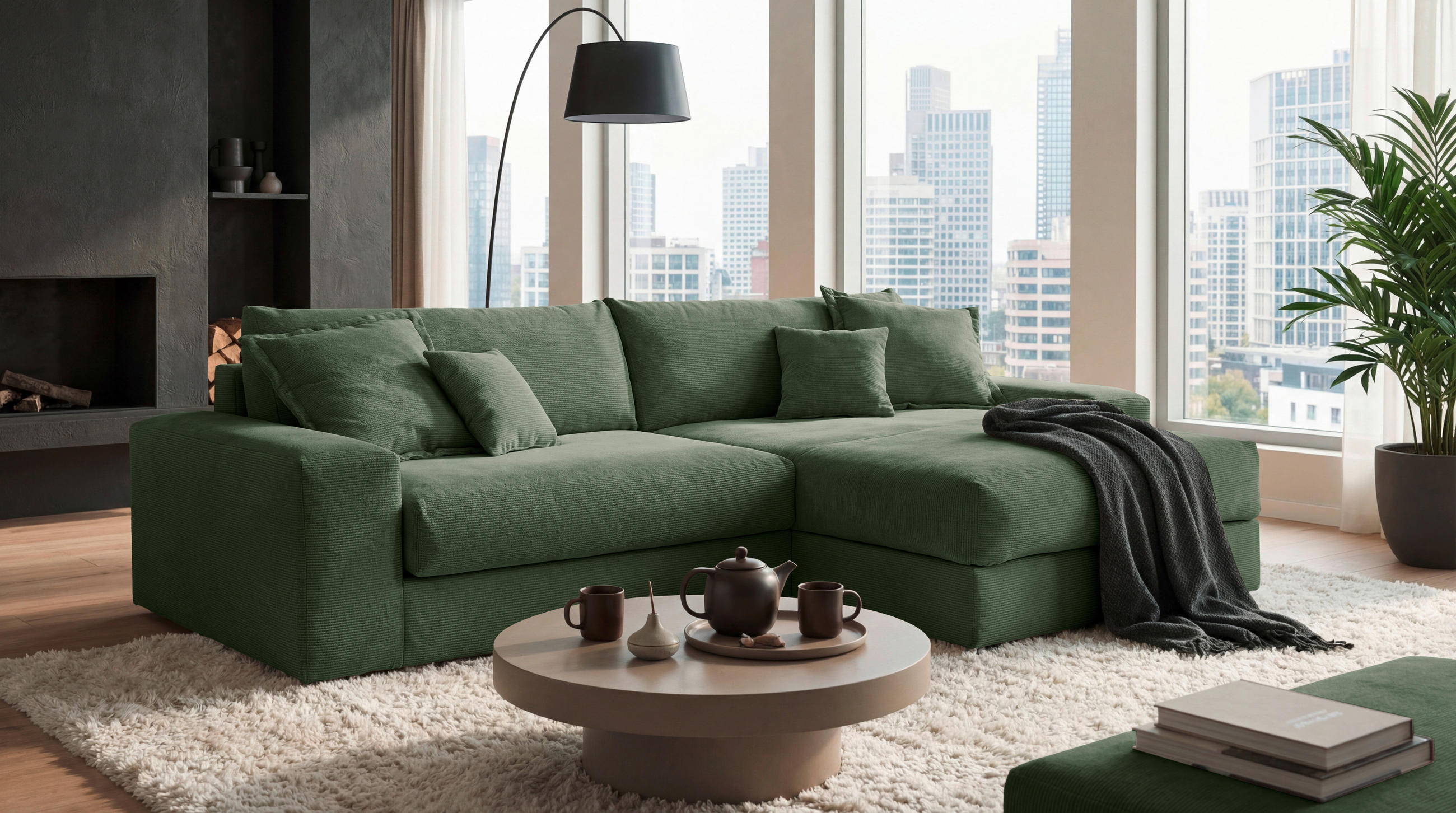 ECKSCHLAFSOFA  KAMIL Grün Cord  - Schwarz/Grün, MODERN, Kunststoff/Textil (180/297cm) - Livetastic