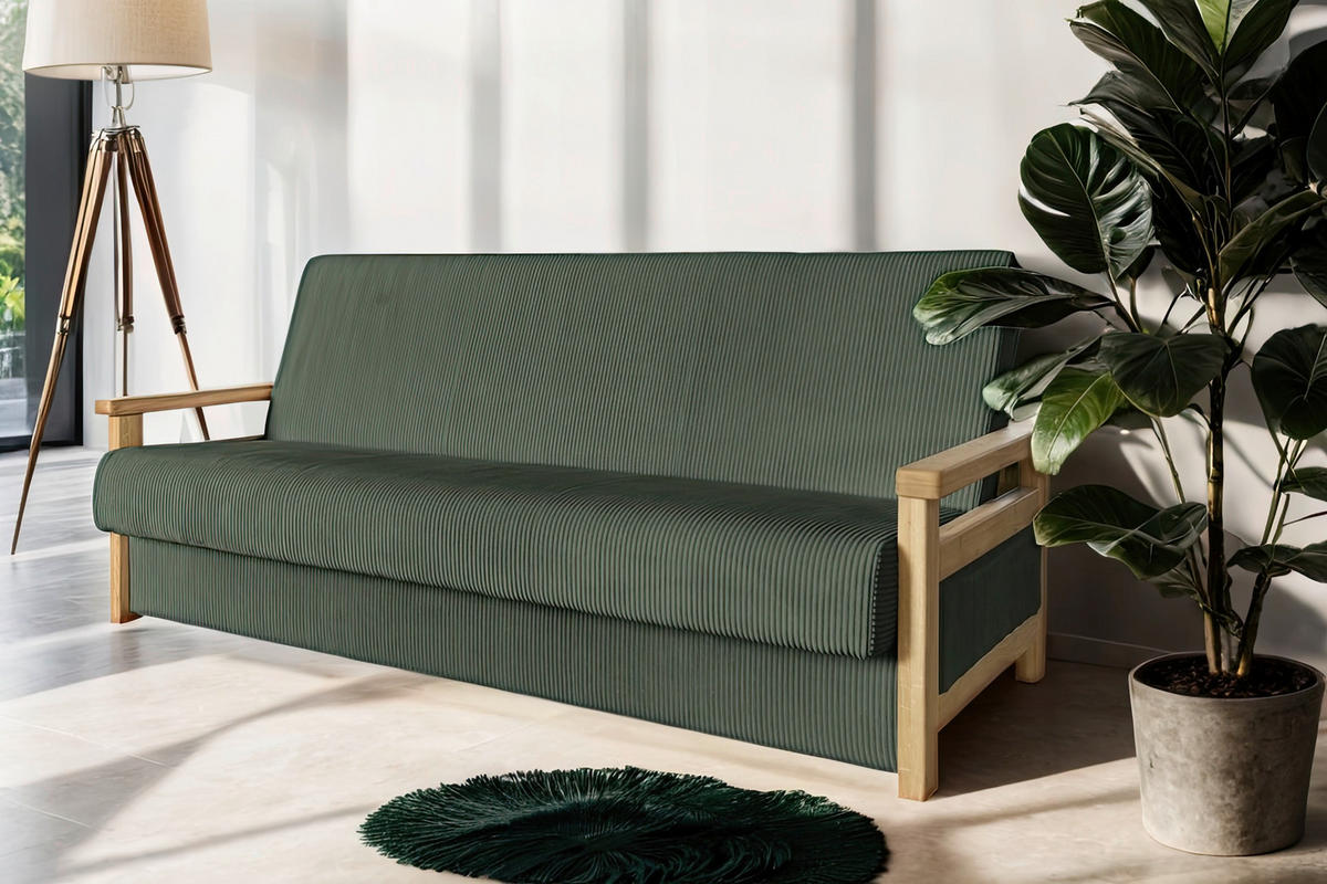 SCHLAFSOFA Webstoff Dunkelgrün  - Dunkelgrün/Naturfarben, Design, Holz/Textil (220/90/90cm) - P & B
