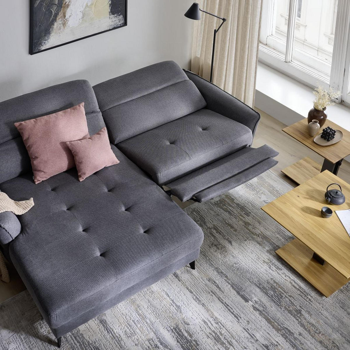 Ecksofa inkl. Funktionen MANTA Anthrazit Flachgewebe  - Anthrazit/Schwarz, Design, Textil/Metall (175/246cm) - Celina