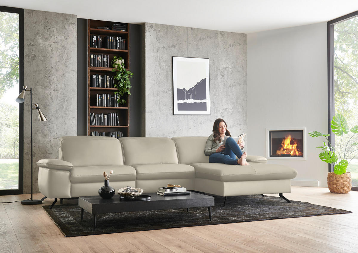 ECKSOFA  Echtleder Ecru  - Ecru/Schwarz, Design, Leder/Metall (307/169cm) - Beldomo Premium