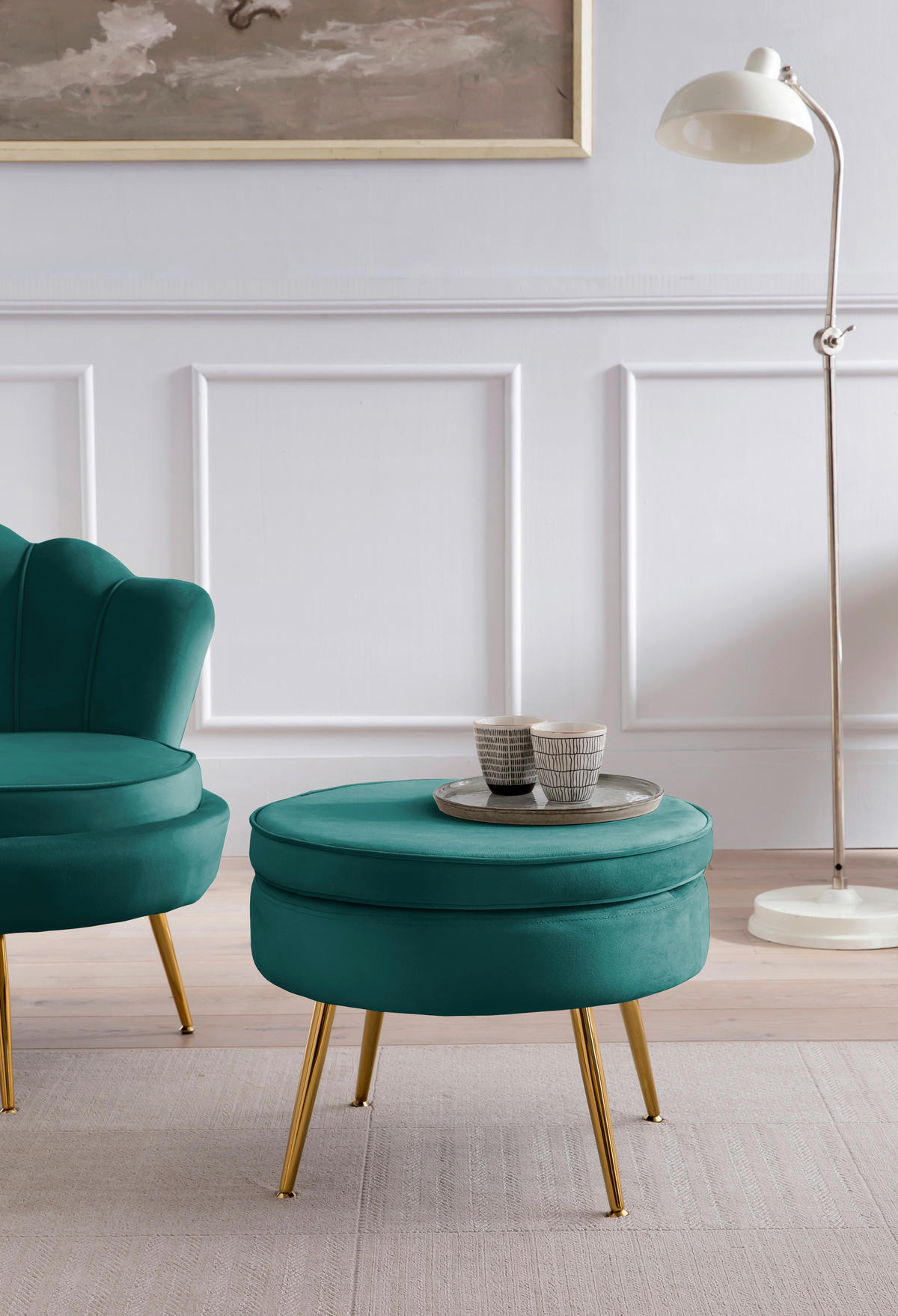 HOCKER in Textil Grün  - Goldfarben/Grün, MODERN, Textil/Metall (52/41/52cm) - Livetastic