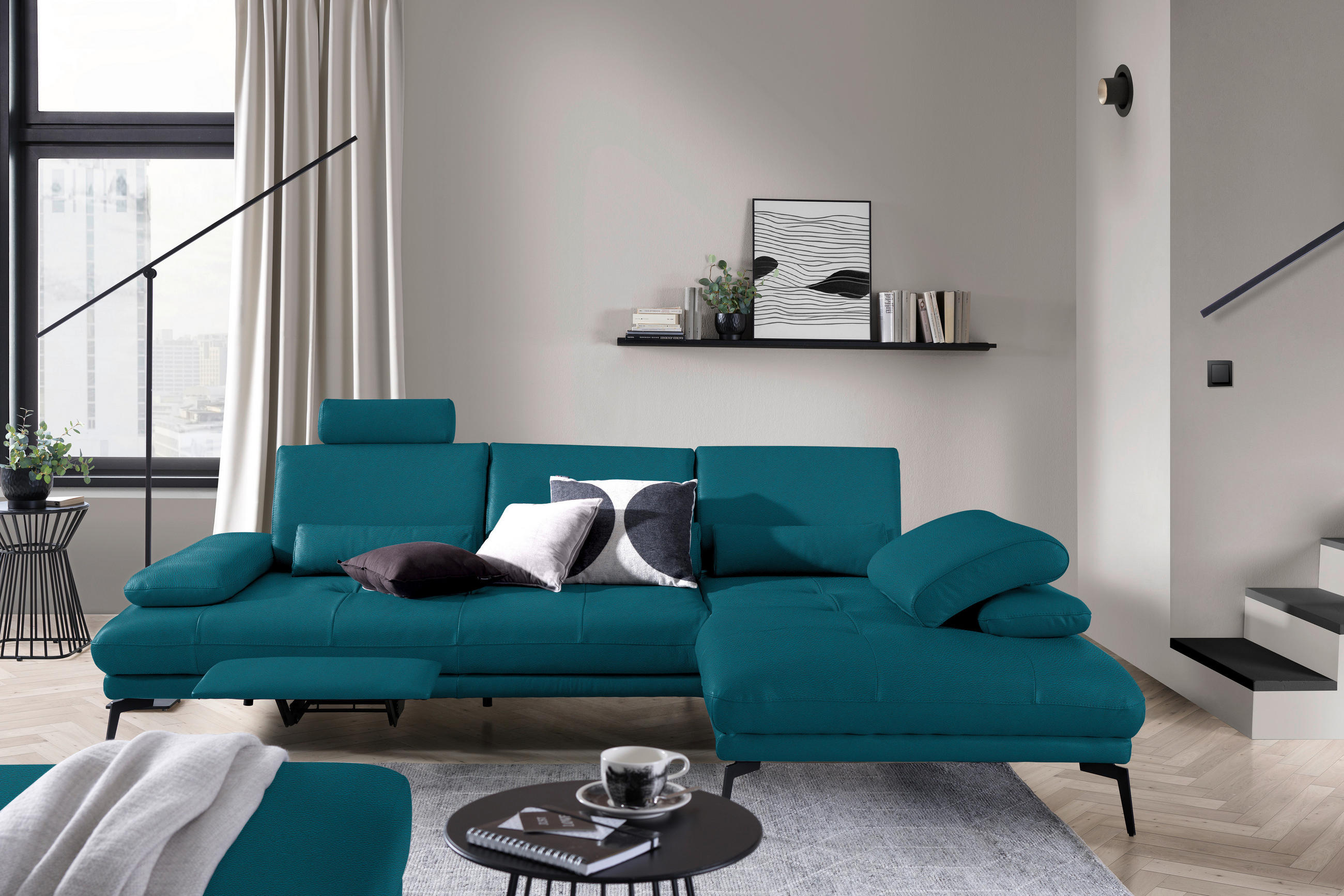 ECKSOFA in Echtleder Petrol  - Petrol/Schwarz, Design, Leder/Metall (273/187cm) - Celina Home