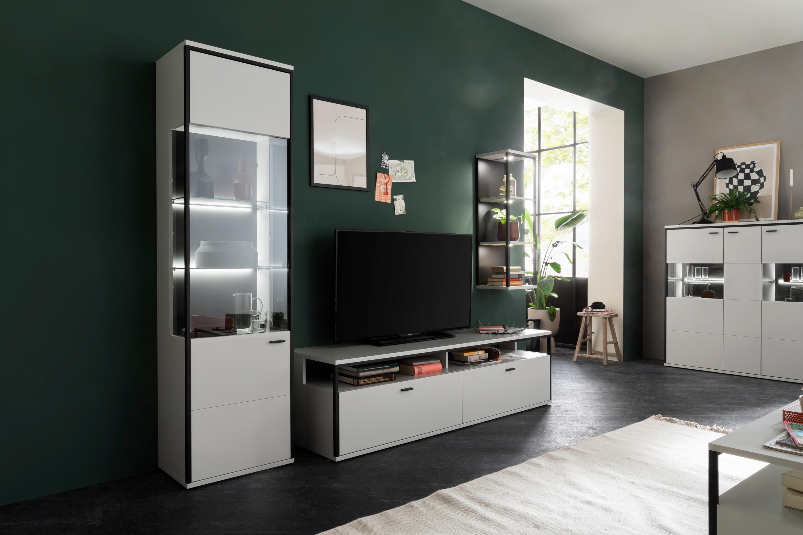 WOHNWAND  in Schwarz, Weiss 265/199/51 cm  - Weiss/Schwarz, Design, Glas/Holzwerkstoff (265/199/51cm) - Stylife