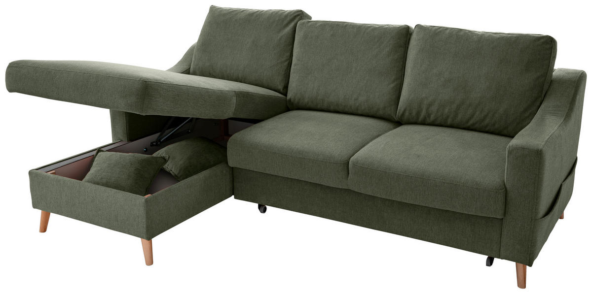 ECKSOFA Valentina Dunkelgrün Chenille  - Dunkelgrün/Naturfarben, MODERN, Holz/Textil (150/228cm) - Livetastic