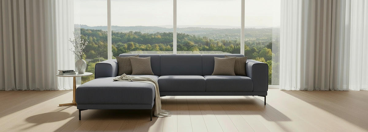 ECKSOFA ERNO in Cord Graublau  262/183 cm  - Graublau/Schwarz, Design, Textil/Metall (262/183cm) - MID.YOU