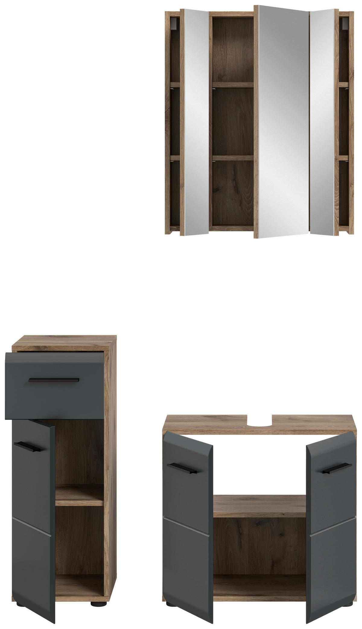 BADEZIMMER 3-teilig  in 90 cm  - Eiche dunkel/Schwarz, Basics, Holzwerkstoff/Kunststoff (90cm) - MID.YOU