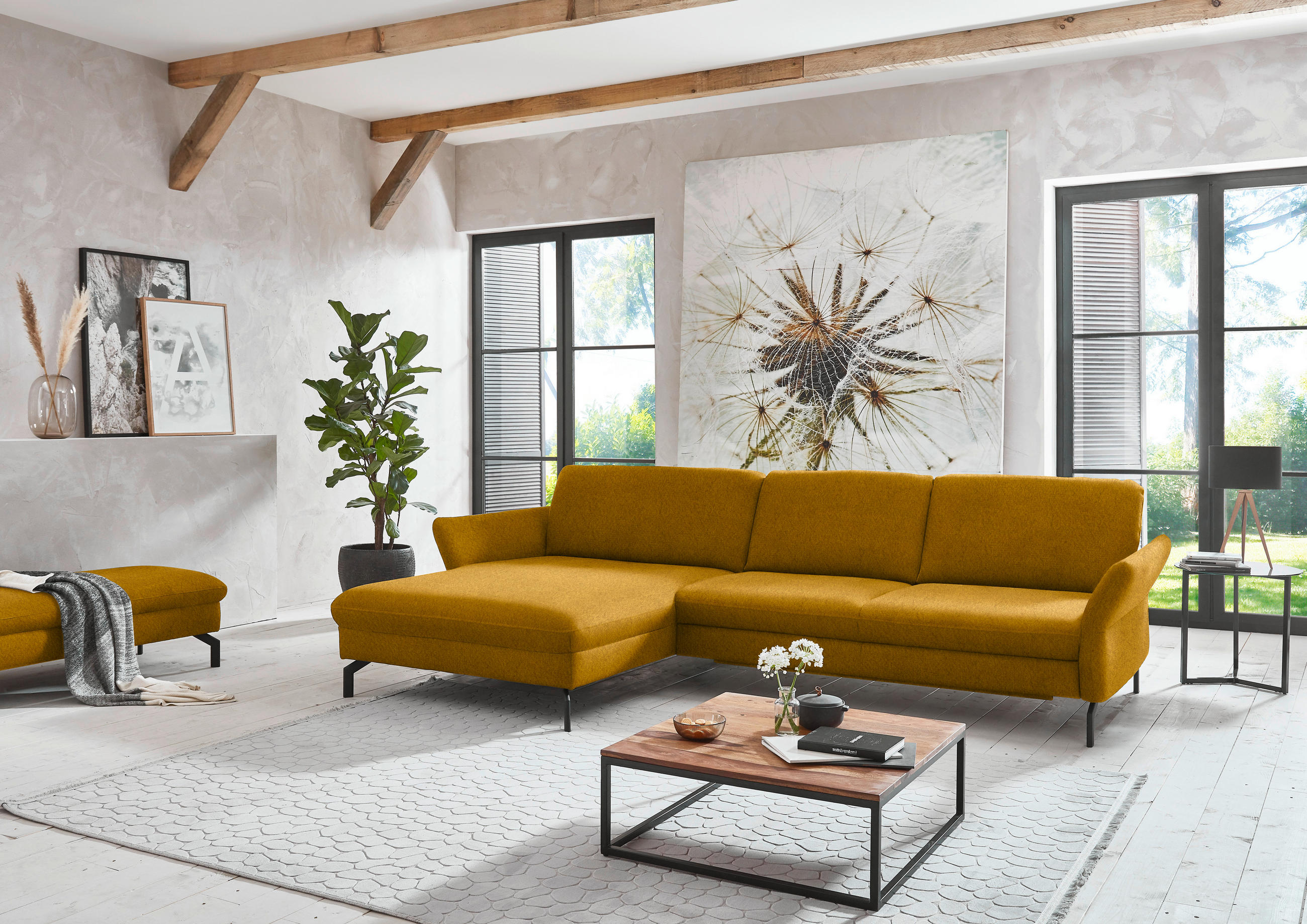 ECKSOFA in Velours Currygelb  - Currygelb/Schwarz, Design, Textil/Metall (179/306cm) - Beldomo System