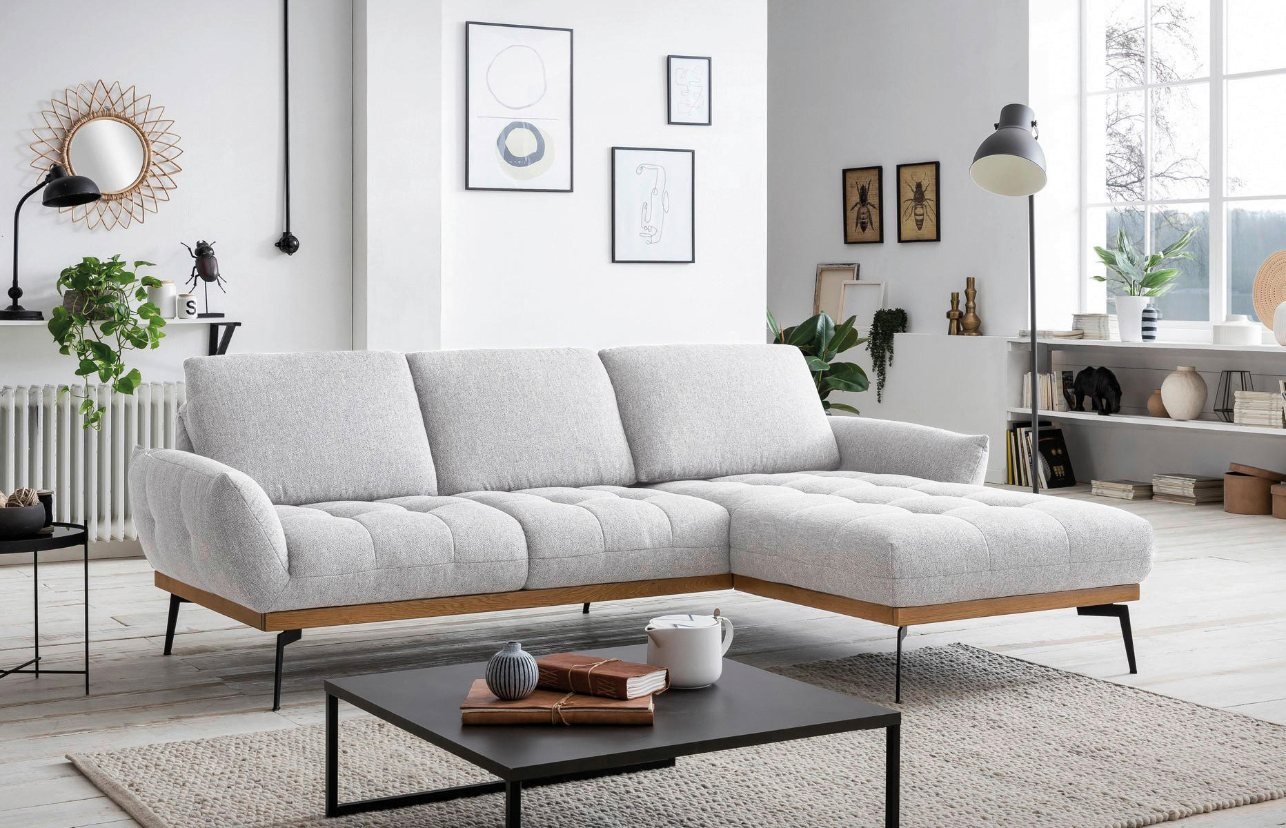 ECKSOFA in Flachgewebe Creme  - Creme/Schwarz, Design, Holz/Textil (245/171-185cm) - Stylife