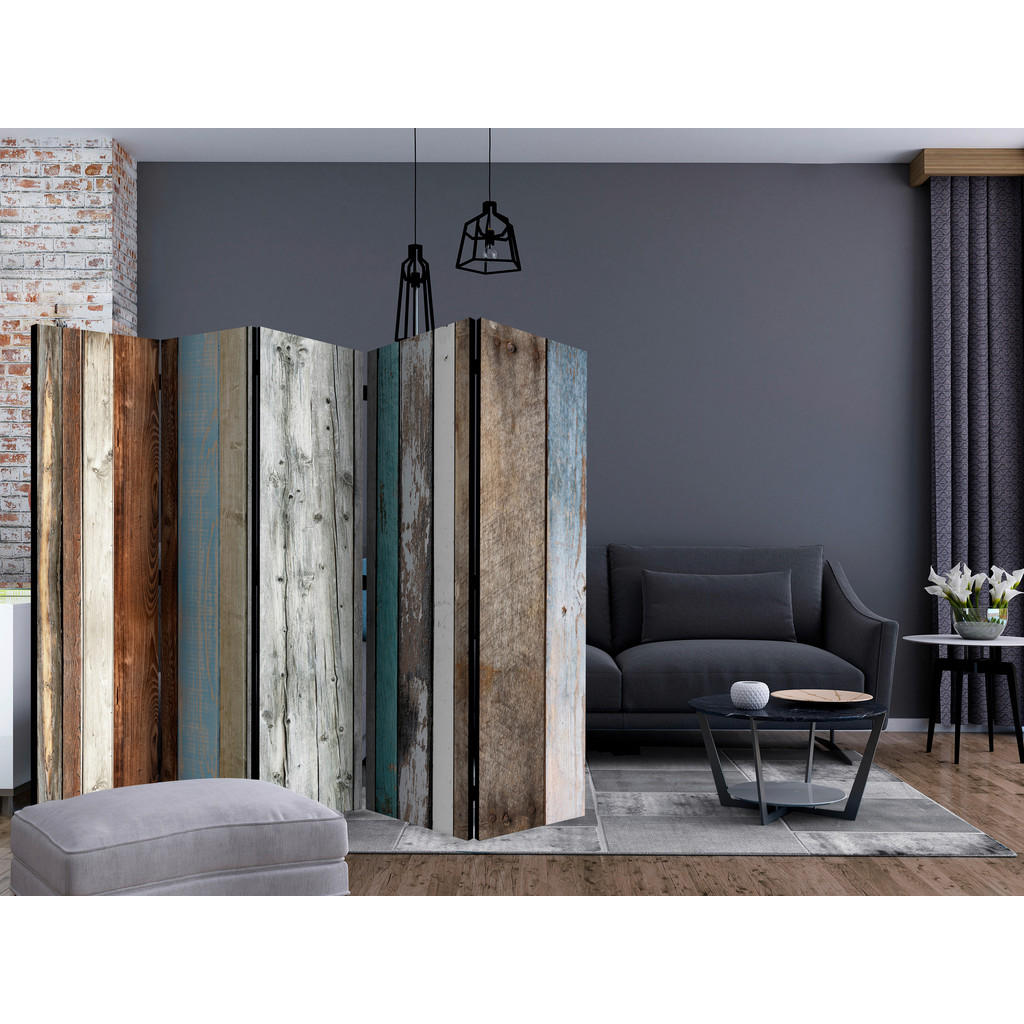Thumbnail - artgeist Paravent, Türkis, Hellbraun, Holz, Textil, Kiefer, massiv, Holzoptik, 225x172x3 cm, Motiv auf Vorderseite, Wohn...