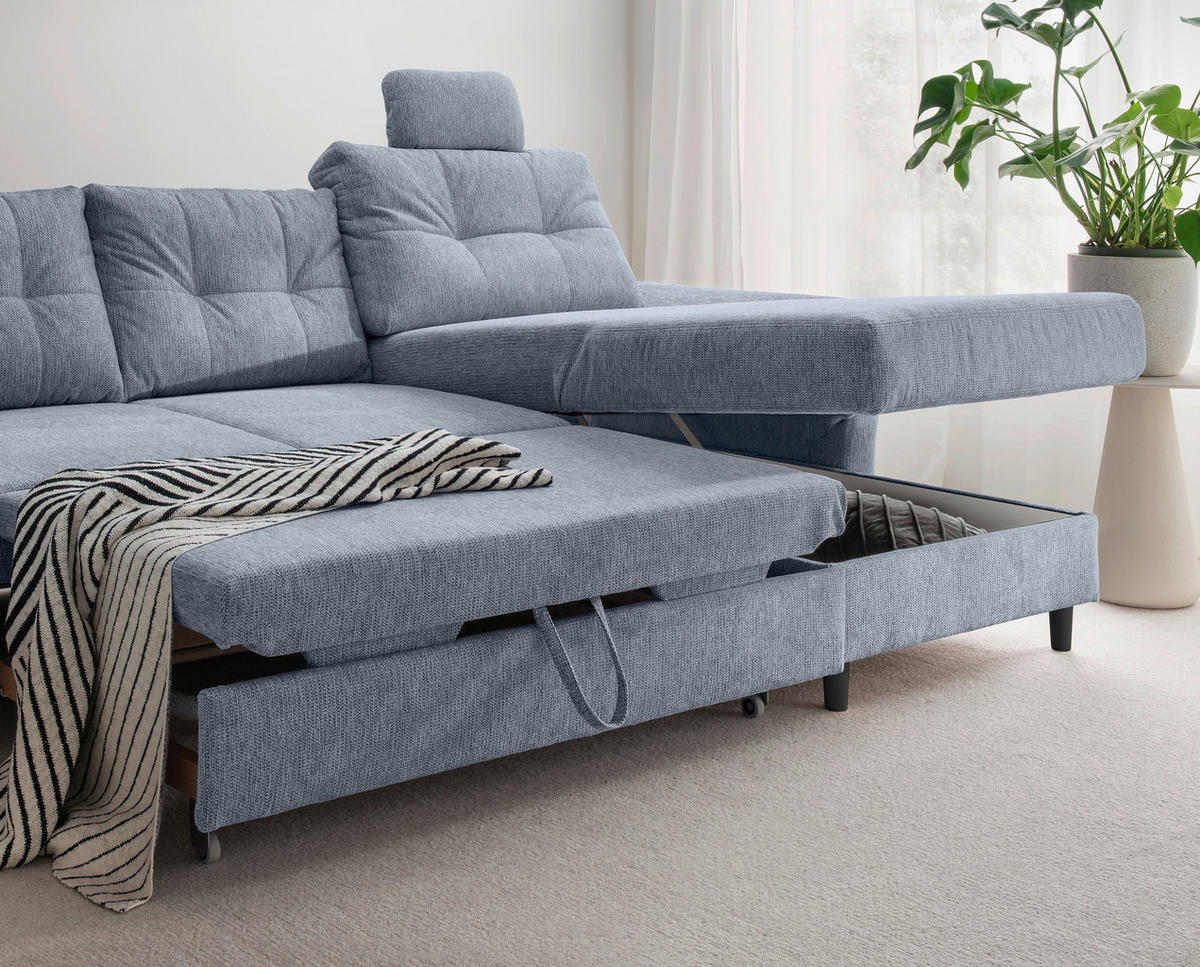 WOHNLANDSCHAFT in Chenille Hellblau  - Schwarz/Hellblau, Modern, Holz/Textil (206/338/176cm) - Livetastic