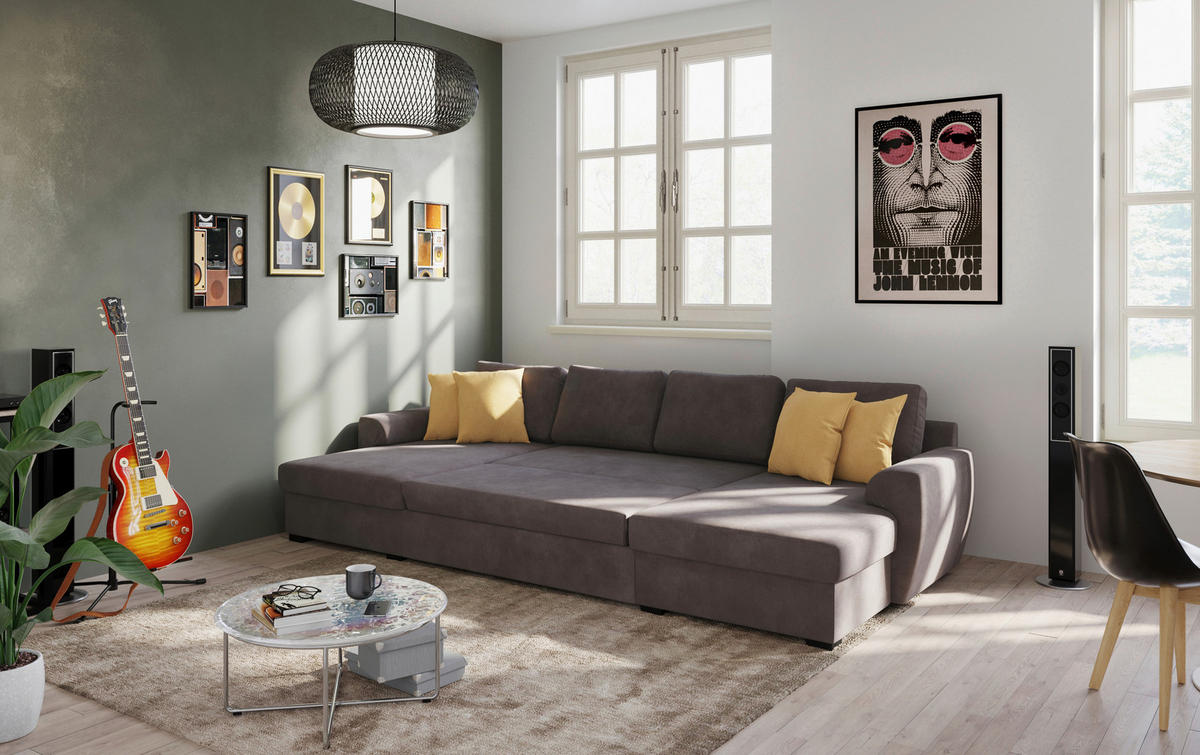 SJEDEĆA GARNITURA tekstil  smeđa   - smeđa/crna, Trend, tekstil/plastika (154/327/86cm) - MID.YOU