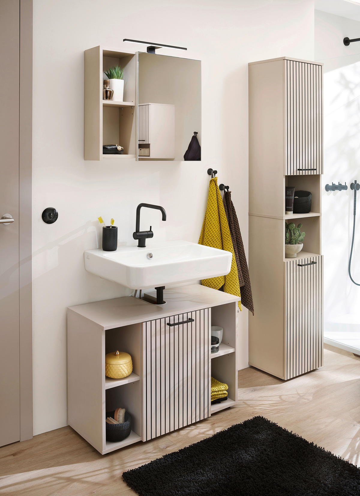 BADEZIMMER 2-teilig  in 80 cm  - Kaschmir/Schwarz, Trend, Glas/Holzwerkstoff (80cm) - Respekta